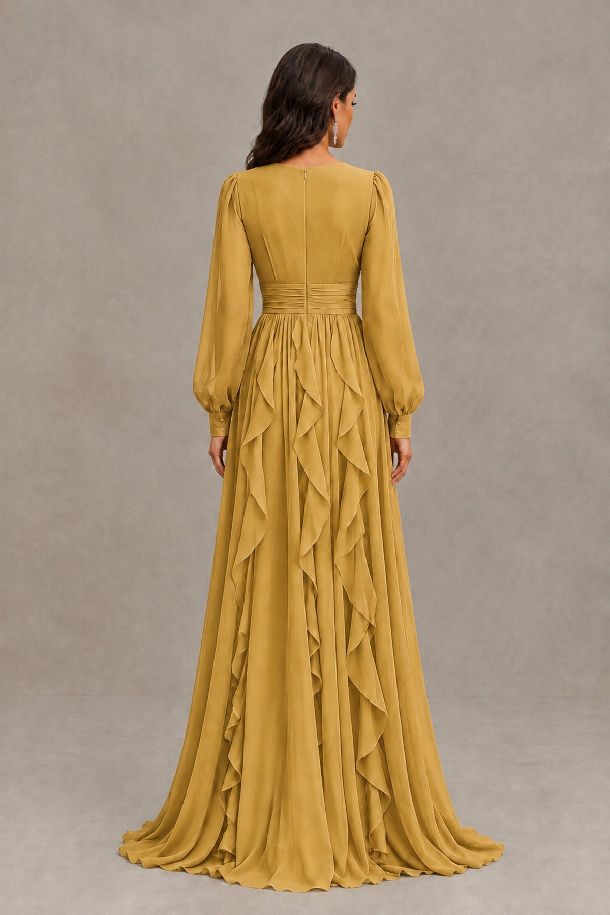 BOLODOO Gold Long Sleeve V-Neck Ruffle Maxi Dress - Gold - Gold (3)