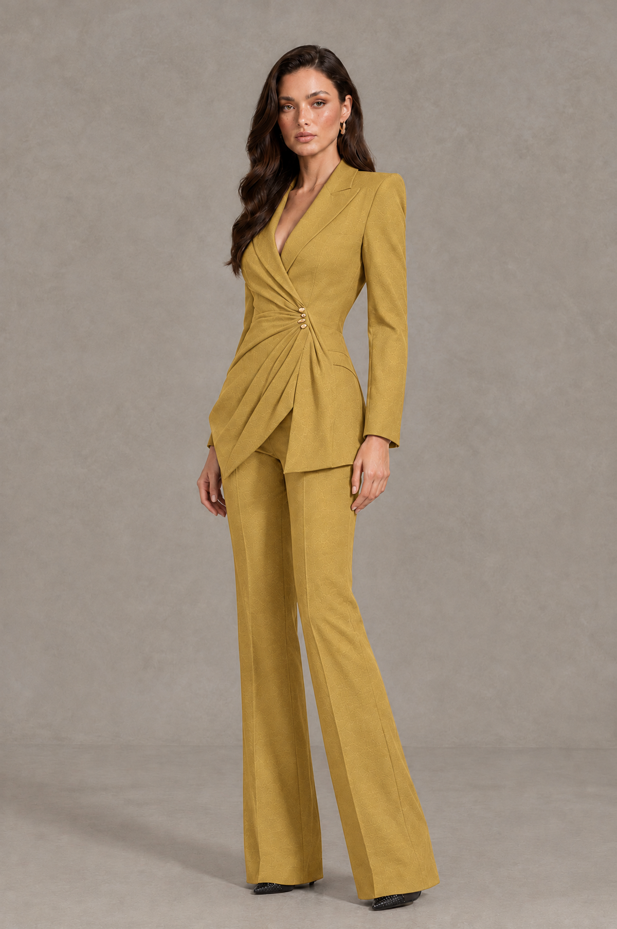BOLODOO Gold Long Sleeve Wrap Blazer Pantsuit with Wide-Leg Trousers - Gold - Gold (3)