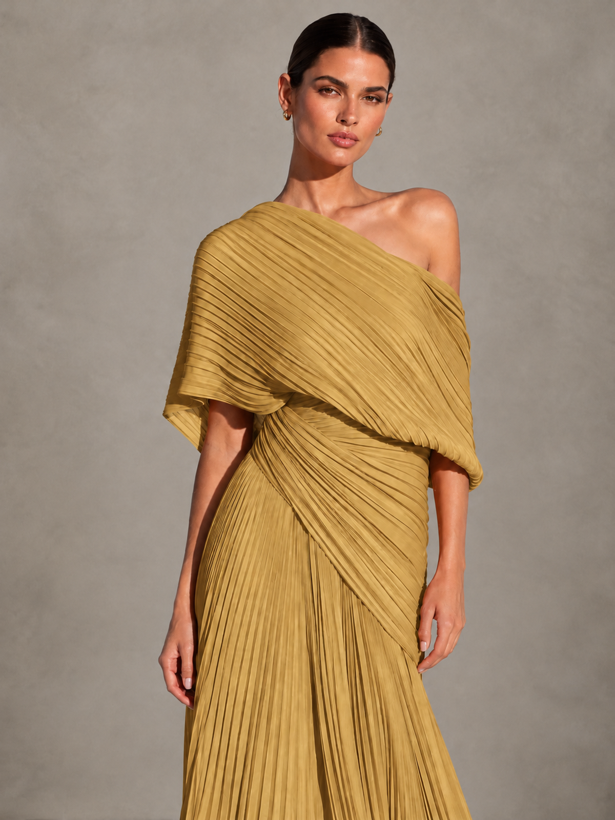 BOLODOO Gold One-Shoulder Pleated Cape Evening Gown with Train - Gold - Gold (3)