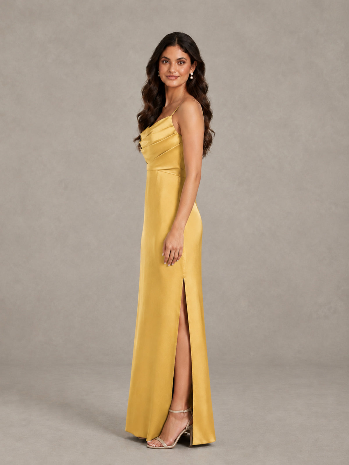 BOLODOO Gold Cowl Neck Satin Bridesmaid Dress with Slit - Gold - Gold (3)