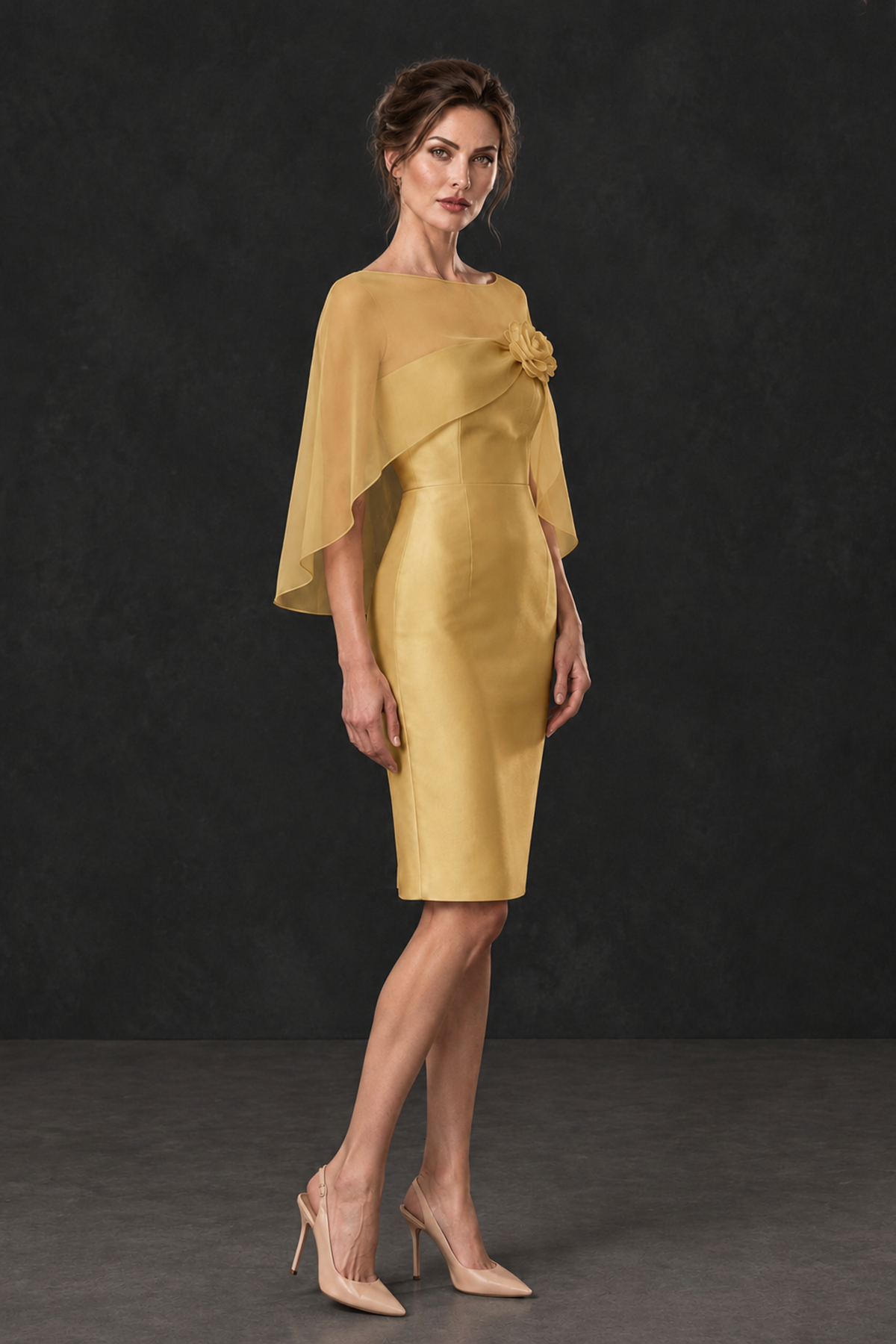 BOLODOO Gold Cape Knee-Length Mother of the Bride Dress - Gold - Gold (3)