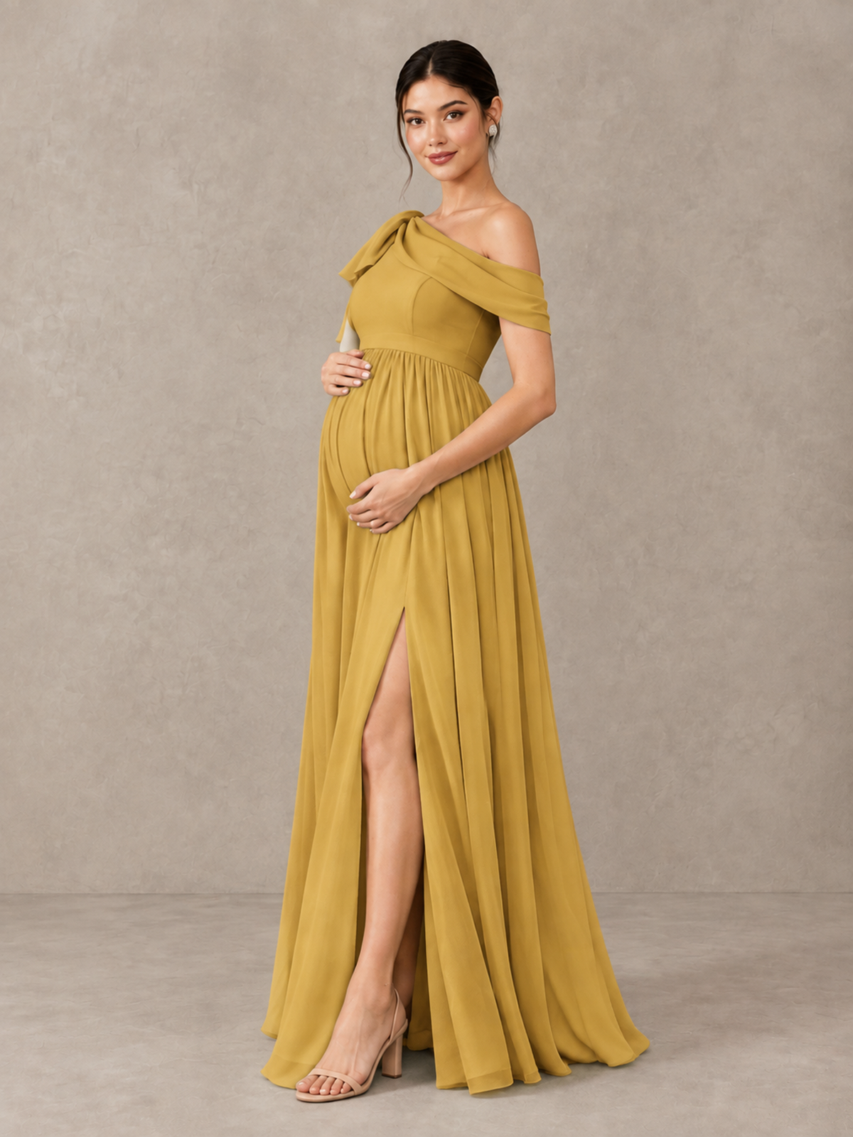 BOLODOO Gold One-Shoulder Maternity Bridesmaid Dress with Slit - Gold - Gold (3)