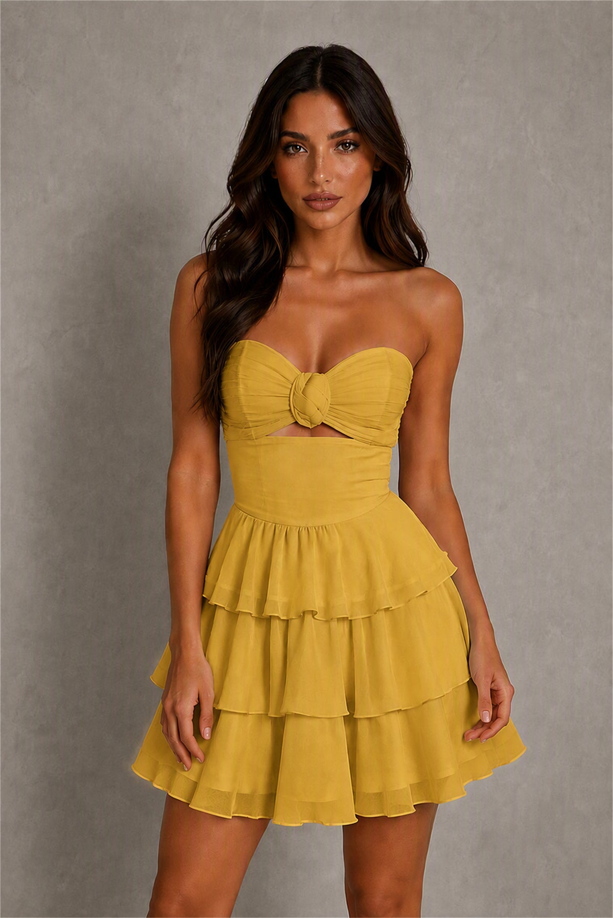 BOLODOO Gold Strapless Sweetheart Cutout Tiered Ruffle Mini Dress | Homecoming Cocktail Party Dress - Gold