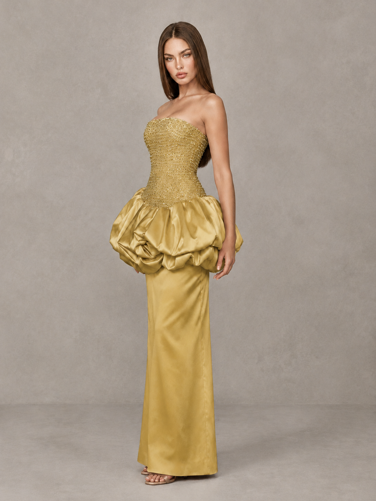 BOLODOO Gold Strapless Embellished Bubble Peplum Evening Dress - Gold - Gold (3)