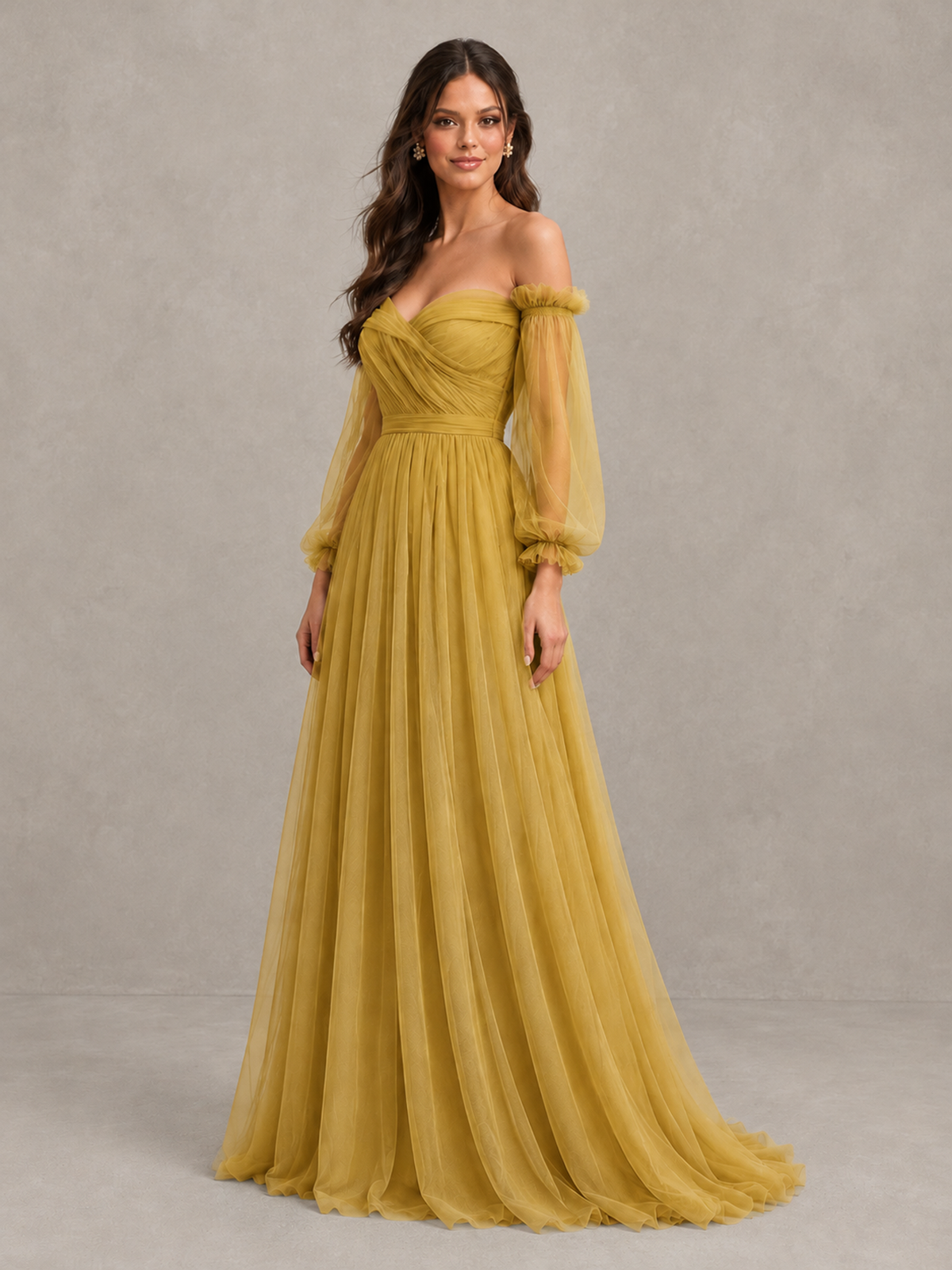 BOLODOO Gold Off-the-Shoulder Long Sleeve A-Line Bridesmaid Dress - Gold - Gold (3)