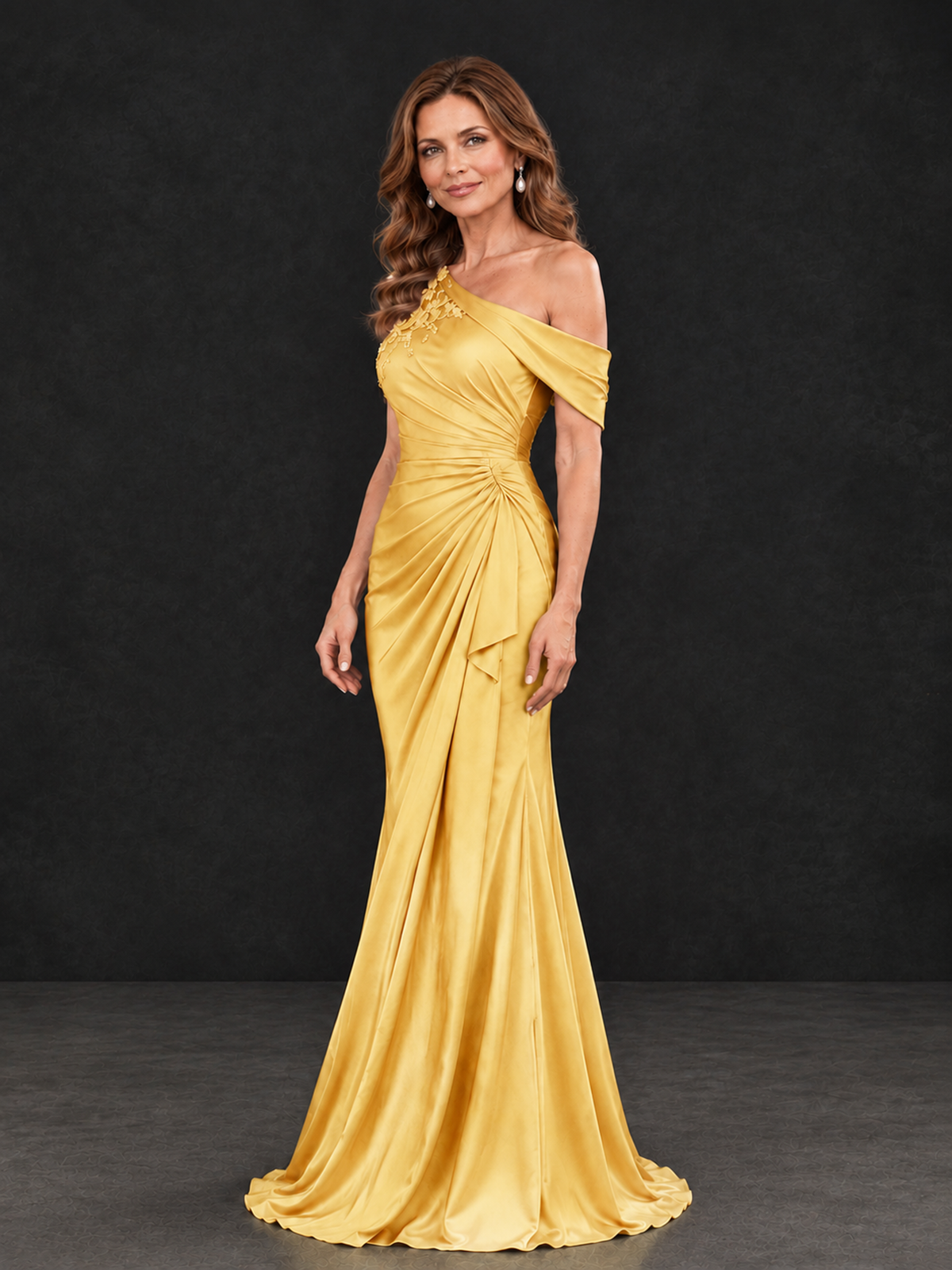 BOLODOO Gold Asymmetric Satin Mother of the Bride Dress with Lace Sleeve - Gold - Gold (3)