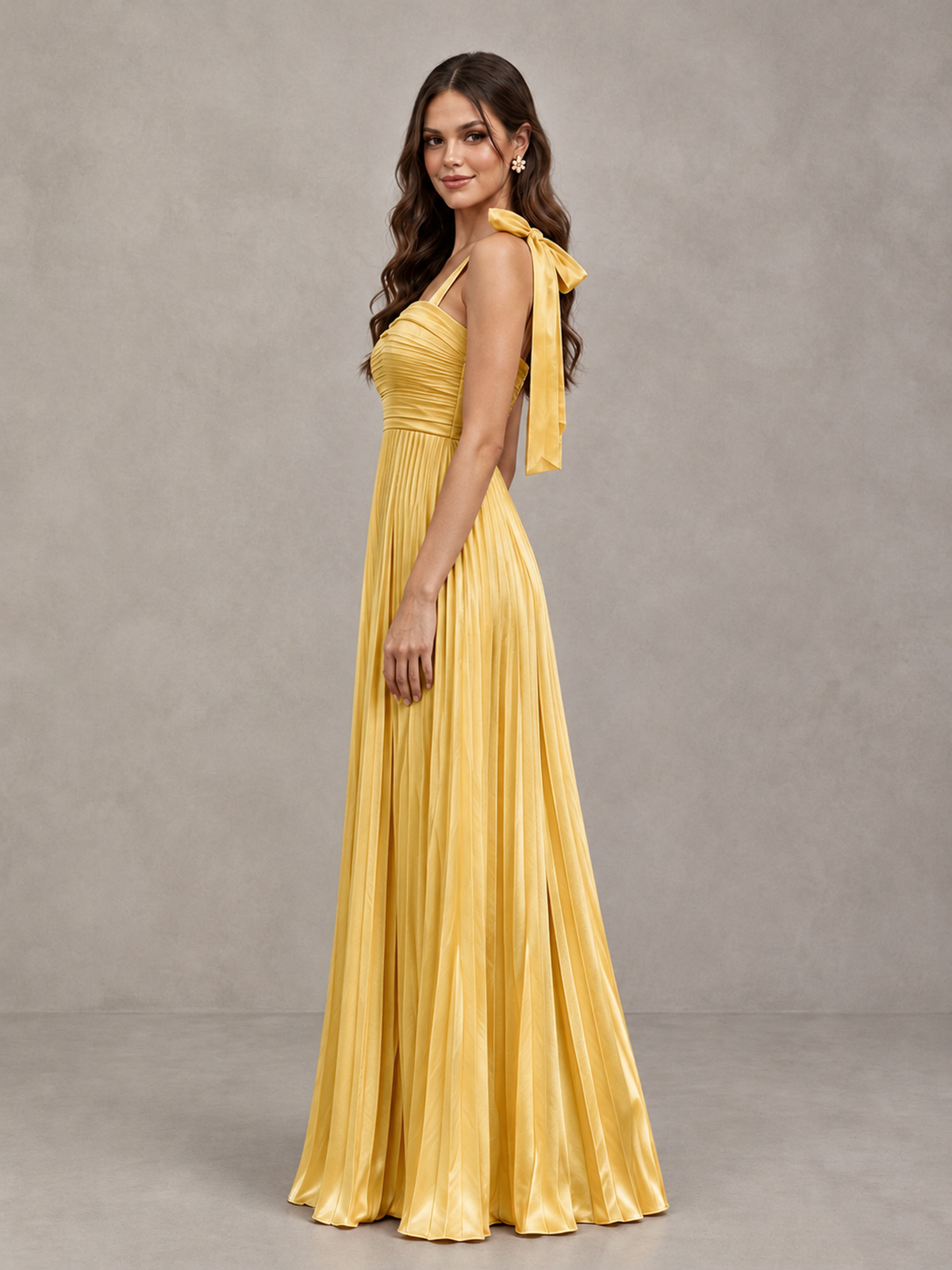 BOLODOO Gold Pleated Bow-Strap Bridesmaid Maxi Dress - Gold - Gold (3)