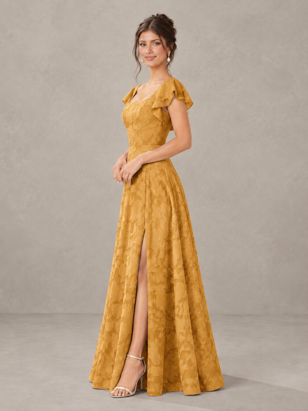 BOLODOO Gold Floral Flutter Sleeve Bridesmaid Dress with Slit - Gold - Gold (3)