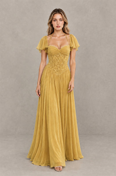 BOLODOO Gold Flutter Sleeve Lace Corset A-Line Maxi Dress - Gold - Gold (3)