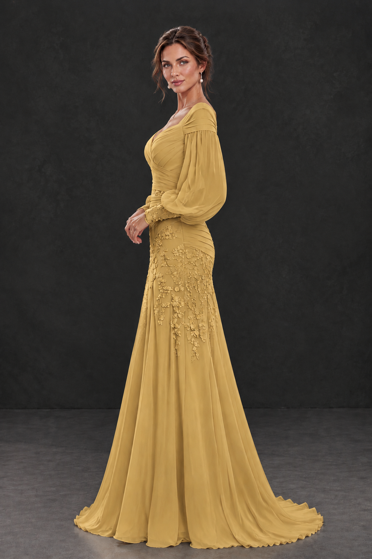 BOLODOO Gold Long Sleeve Mother of the Bride Dress with Floral Appliqués - Gold - Gold (3)