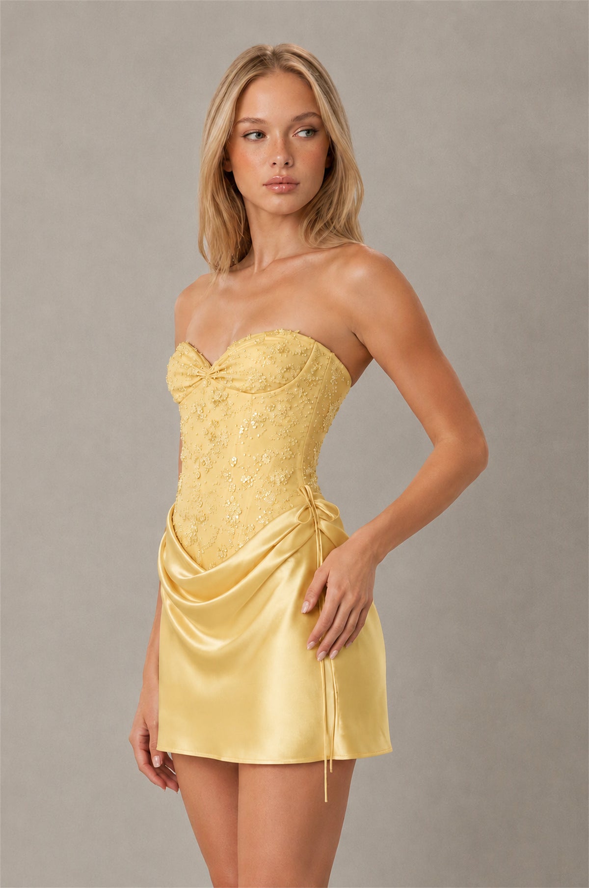 BOLODOO Gold Lace Corset Strapless Sweetheart Satin Mini Dress with Open Back - Gold