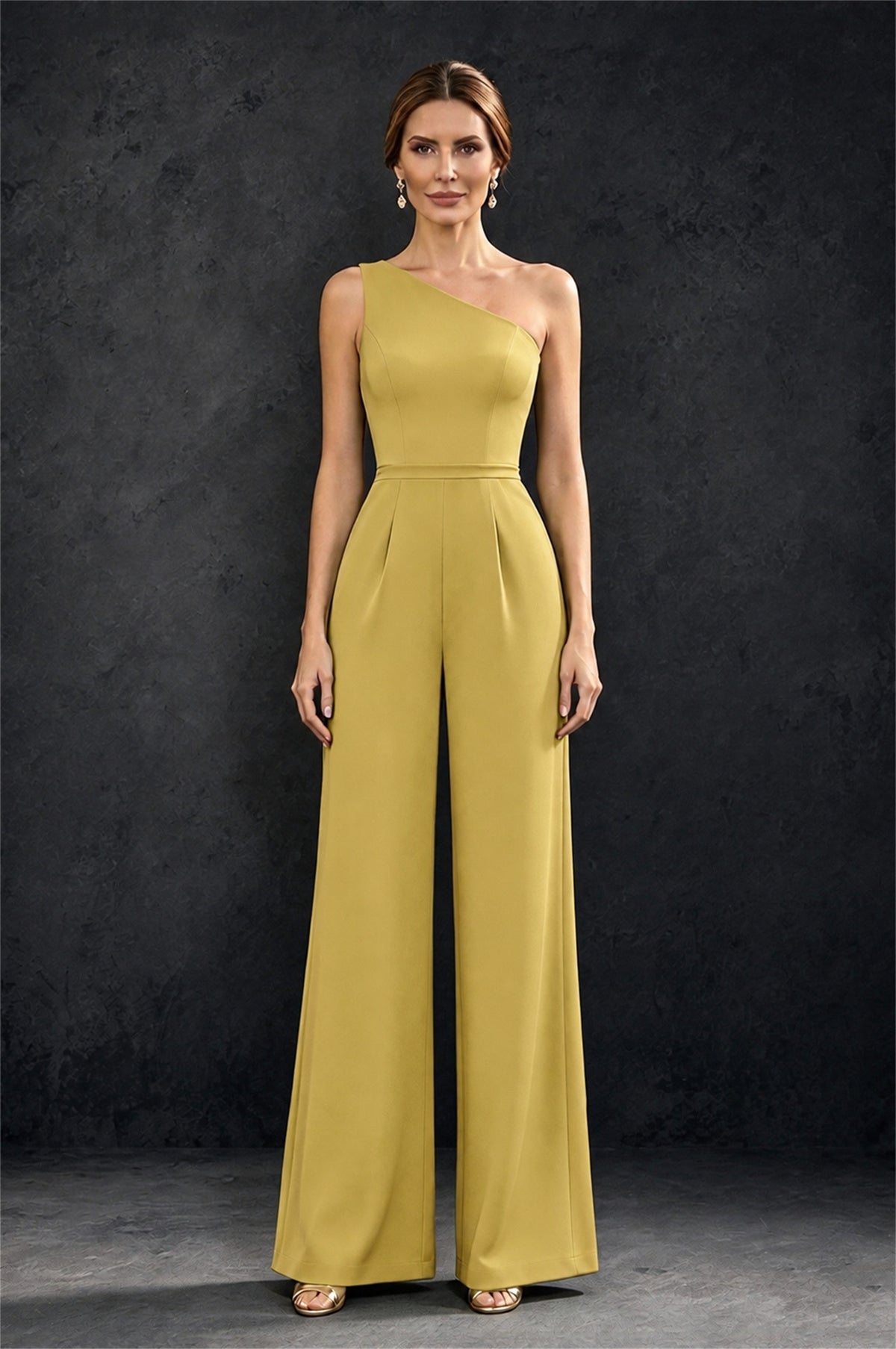 BOLODOO Gold 2-Piece Set: Off-Shoulder 3D Floral Cape Gown & One-Shoulder Wide-Leg Jumpsuit | BD0373 - Gold