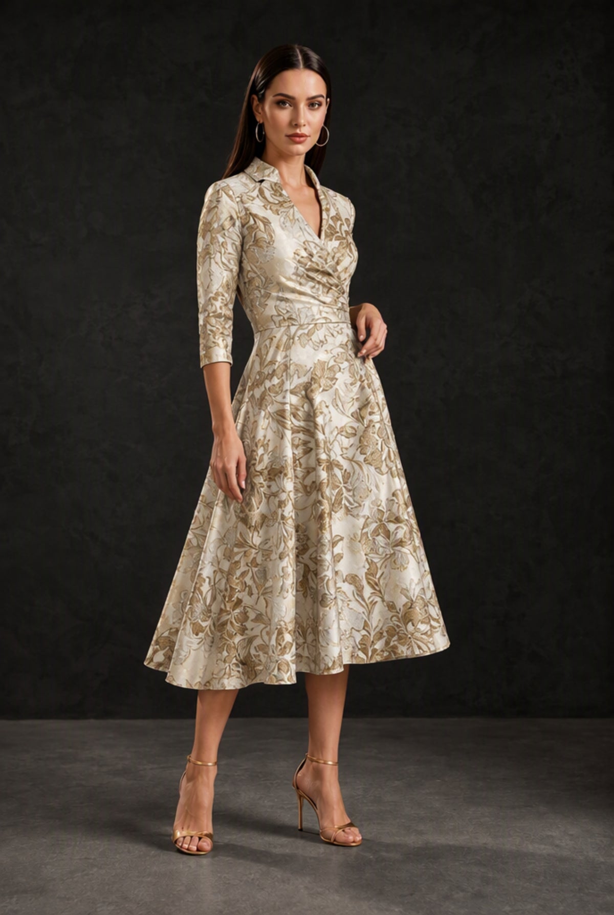 BOLODOO Gold Gold Floral Jacquard Wrap Midi Dress with Three-Quarter Sleeves - Gold - Gold (3)