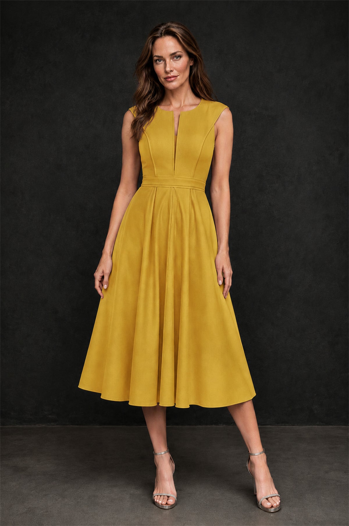BOLODOO Gold 3D Rosette Appliqué 3/4 Sleeve Jacket & V-Notch Sleeveless A-Line Tea-Length Two-Piece Dress Set - Gold
