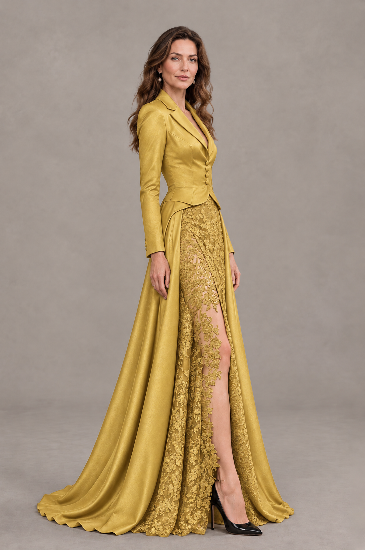 BOLODOO Gold Long Sleeve Lace Blazer Gown with High Slit - Gold - Gold (3)