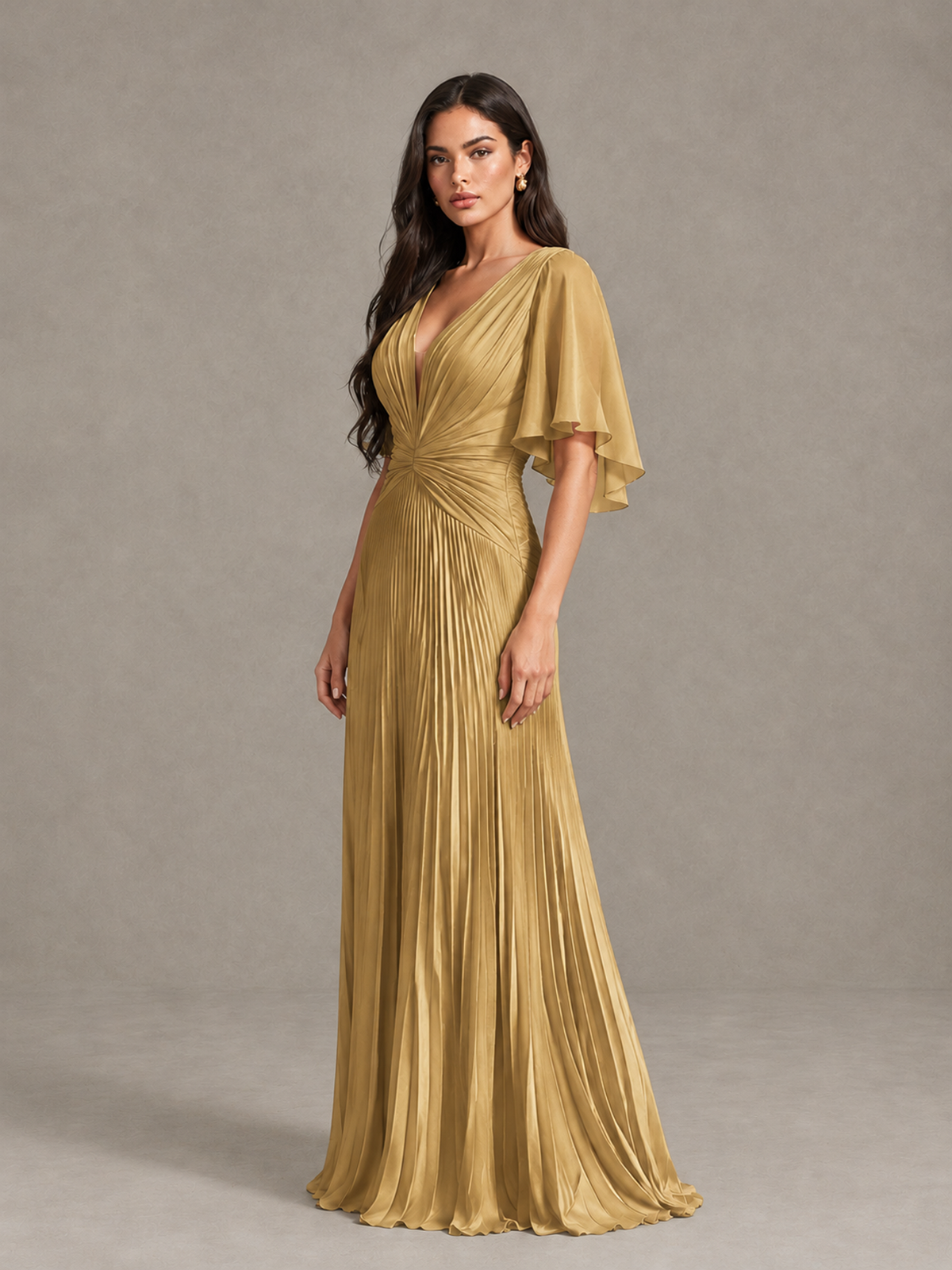 BOLODOO Gold Pleated V-Neck Flutter Sleeve Bridesmaid Dress - Gold - Gold (3)