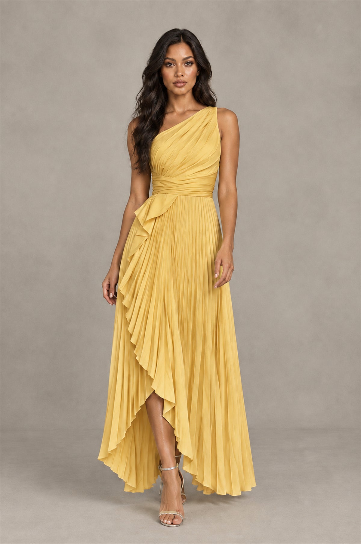 BOLODOO Gold One-Shoulder High-Low Ruffle Maxi Dress - Gold