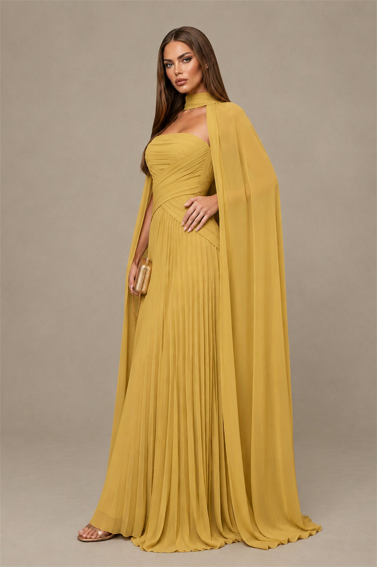 BOLODOO Gold Strapless Crossover Ruched Bodice Detached Turtleneck Cape Lace-Up Back Pleated Chiffon Maxi Dress - Gold