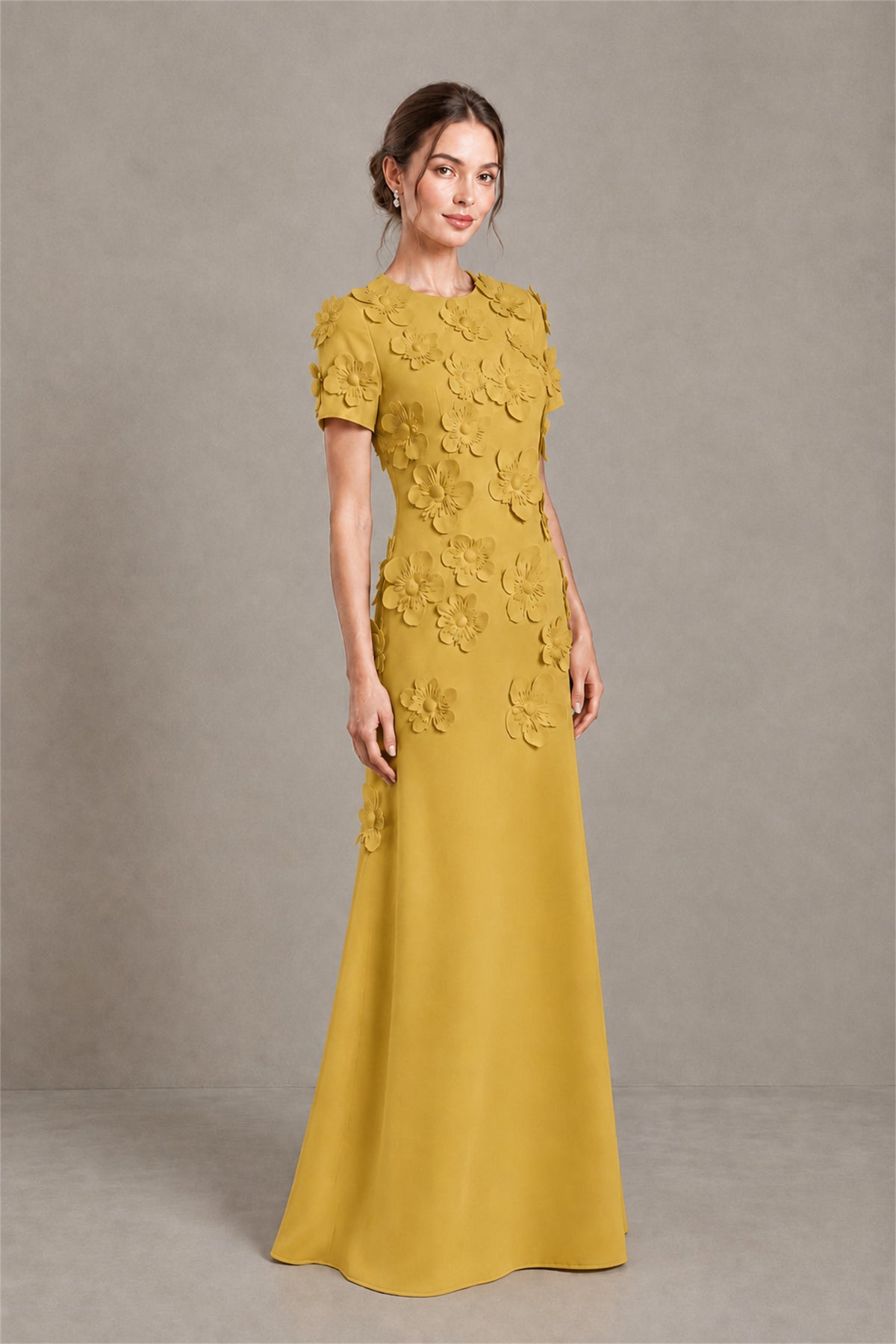 BOLODOO Gold Textured Floral Maxi Dress with Short Sleeves - Gold