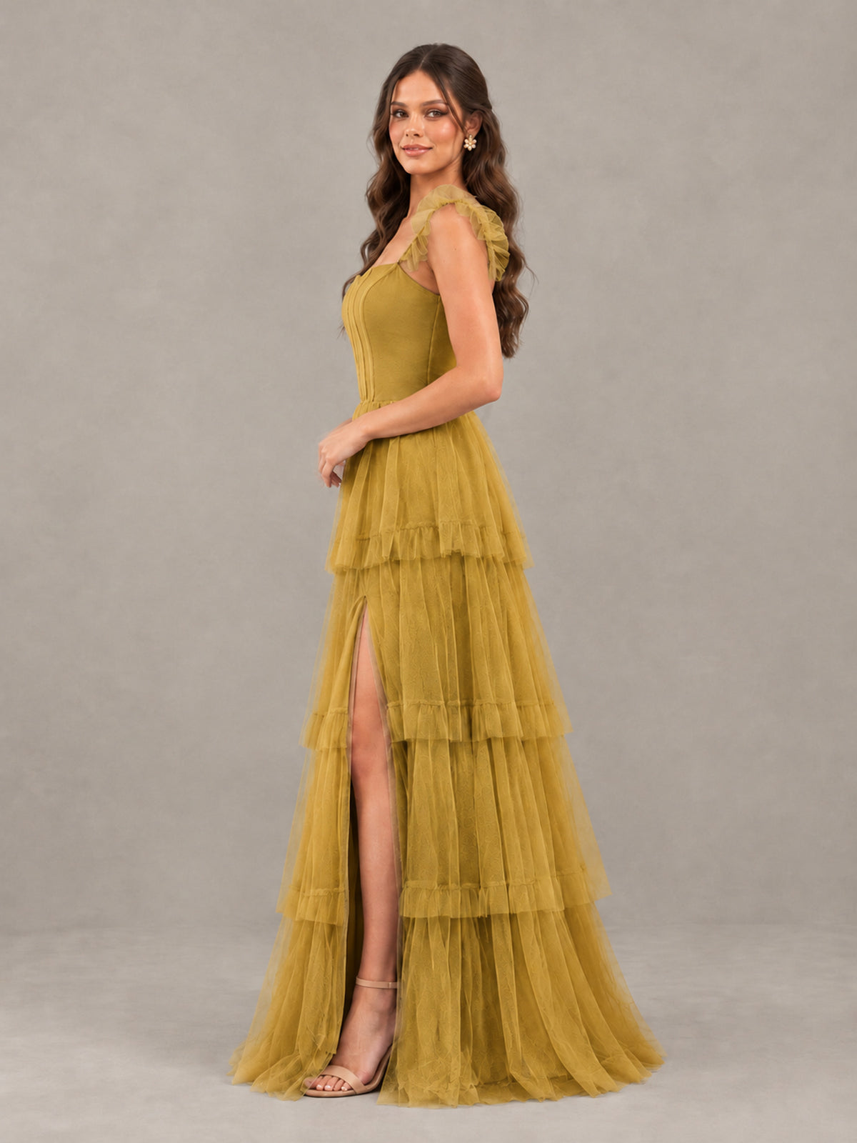 BOLODOO Gold Tiered Tulle Bridesmaid Dress with Slit - Gold - Gold (3)