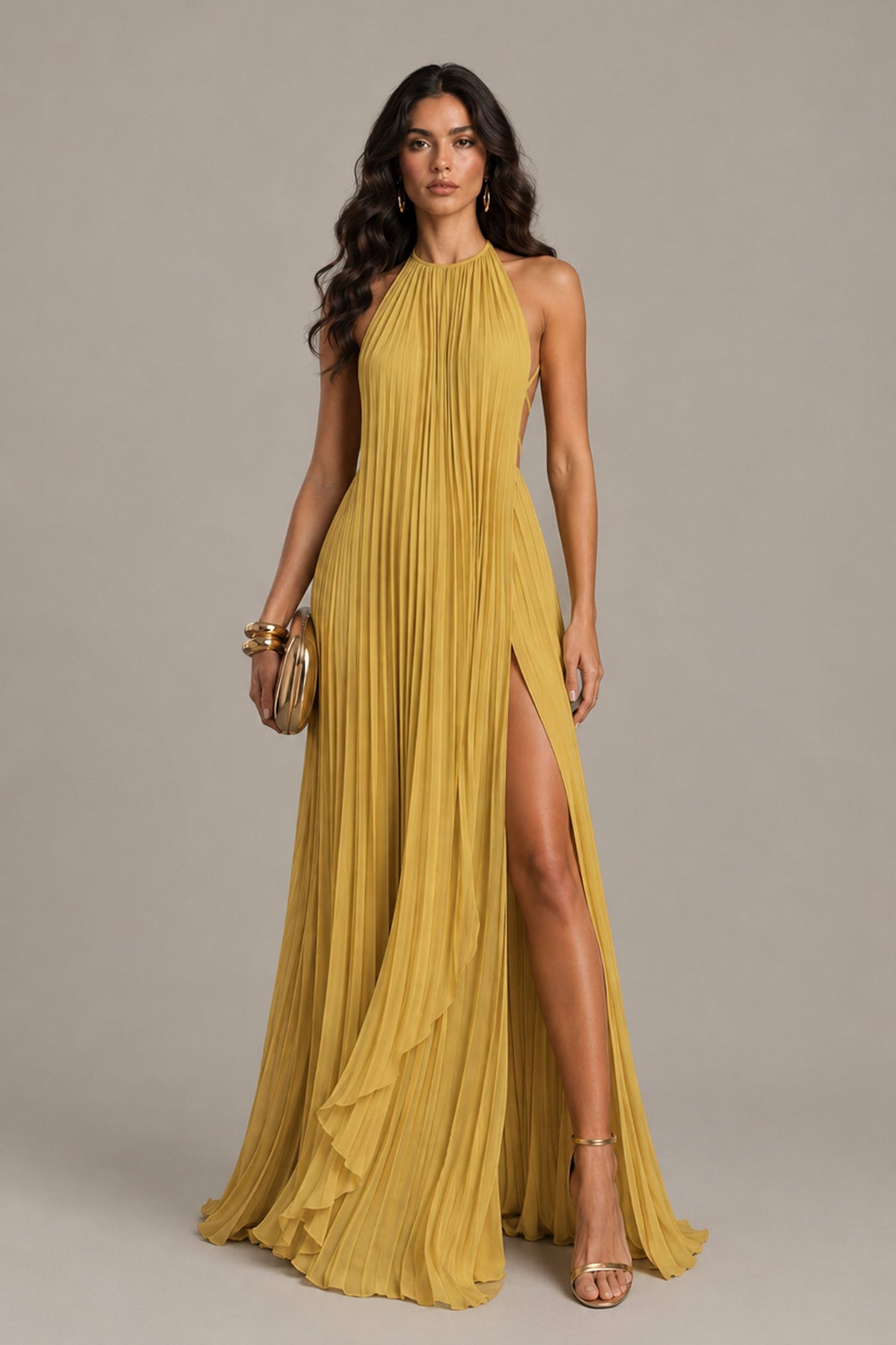 BOLODOO Gold Halter Neck Pleated Chiffon Maxi Dress with Side Slit - Gold