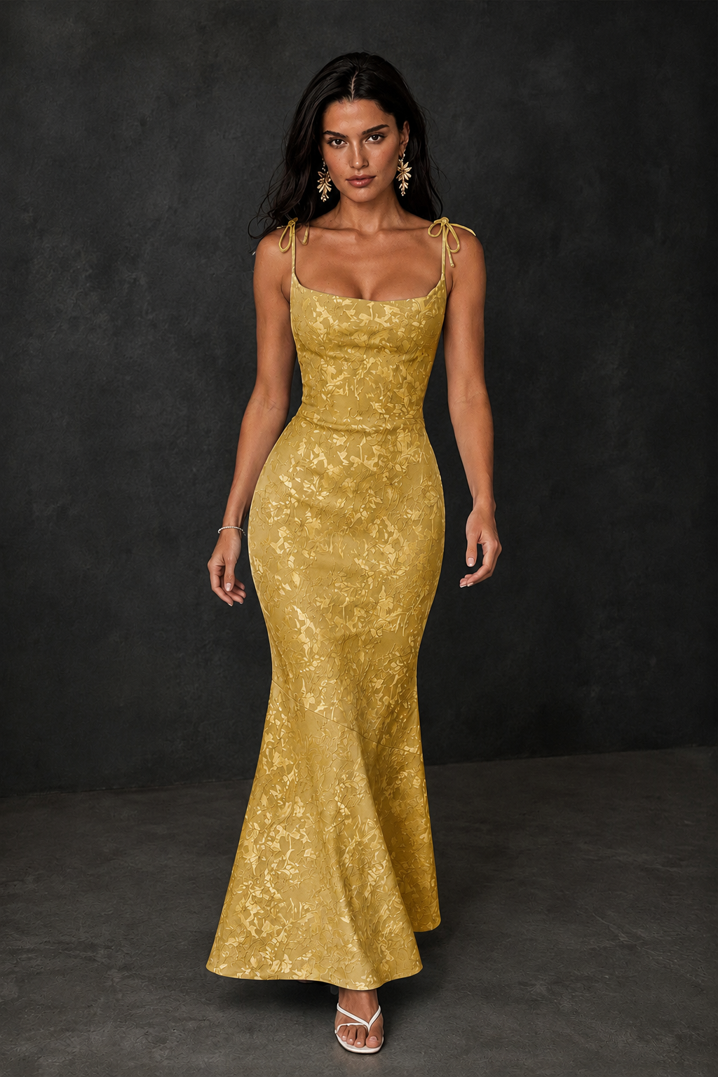 BOLODOO Gold Scoop Neck Tie Strap Lace-Up Back Floral Jacquard Mermaid Maxi Dress - Gold