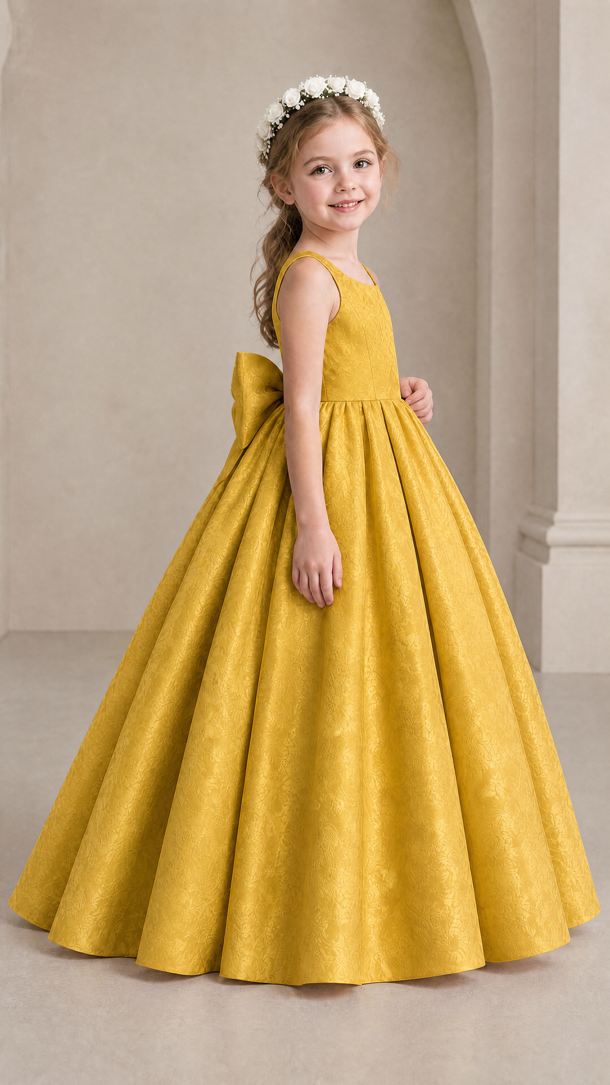 BOLODOO Gold Girls' A-Line Flower Girl Dress with Back Bow - Gold