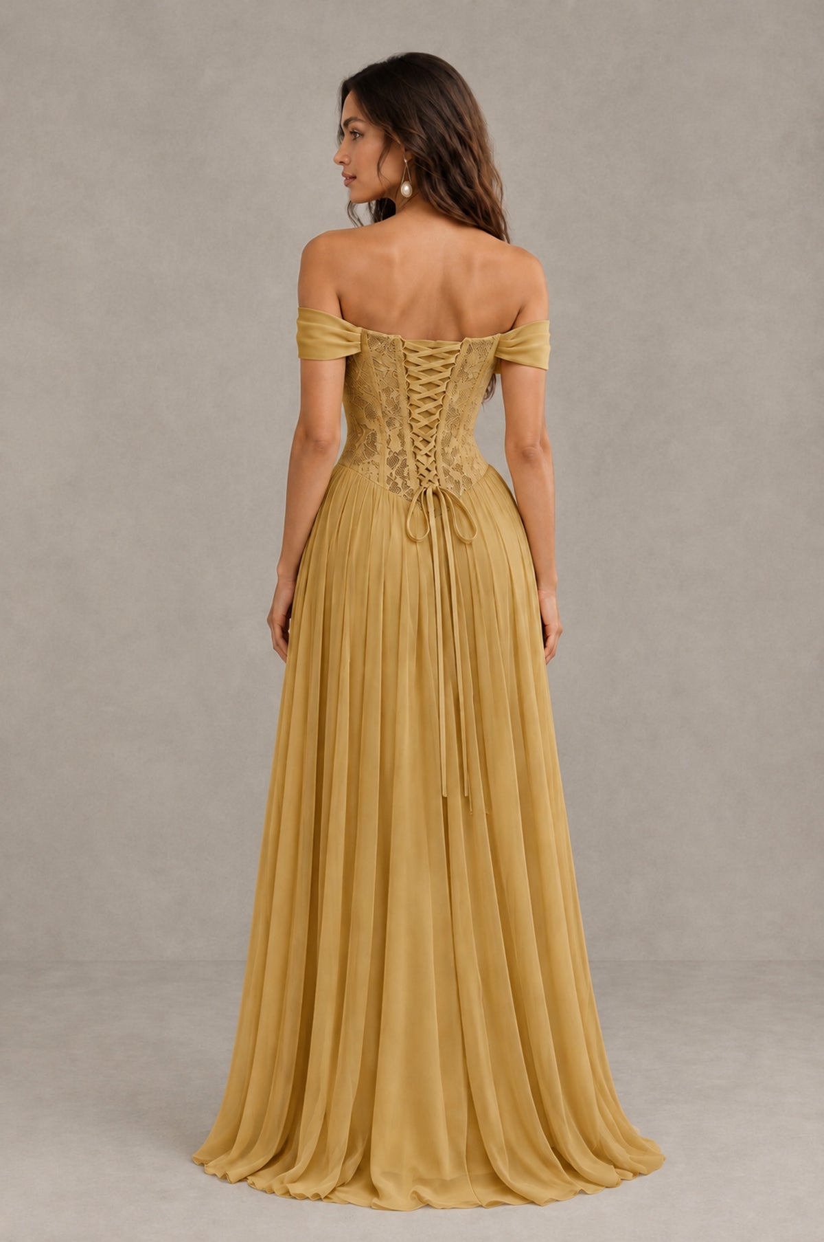 BOLODOO Gold Off-Shoulder Lace Corset Tulle Maxi Dress - Gold - Gold (3)