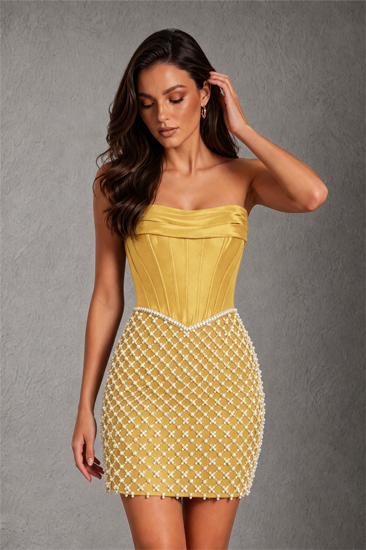 BOLODOO Gold Strapless Boned Corset Mini Dress Gold Geometric Beaded Skirt Lace-Up Back BD0355 - Gold