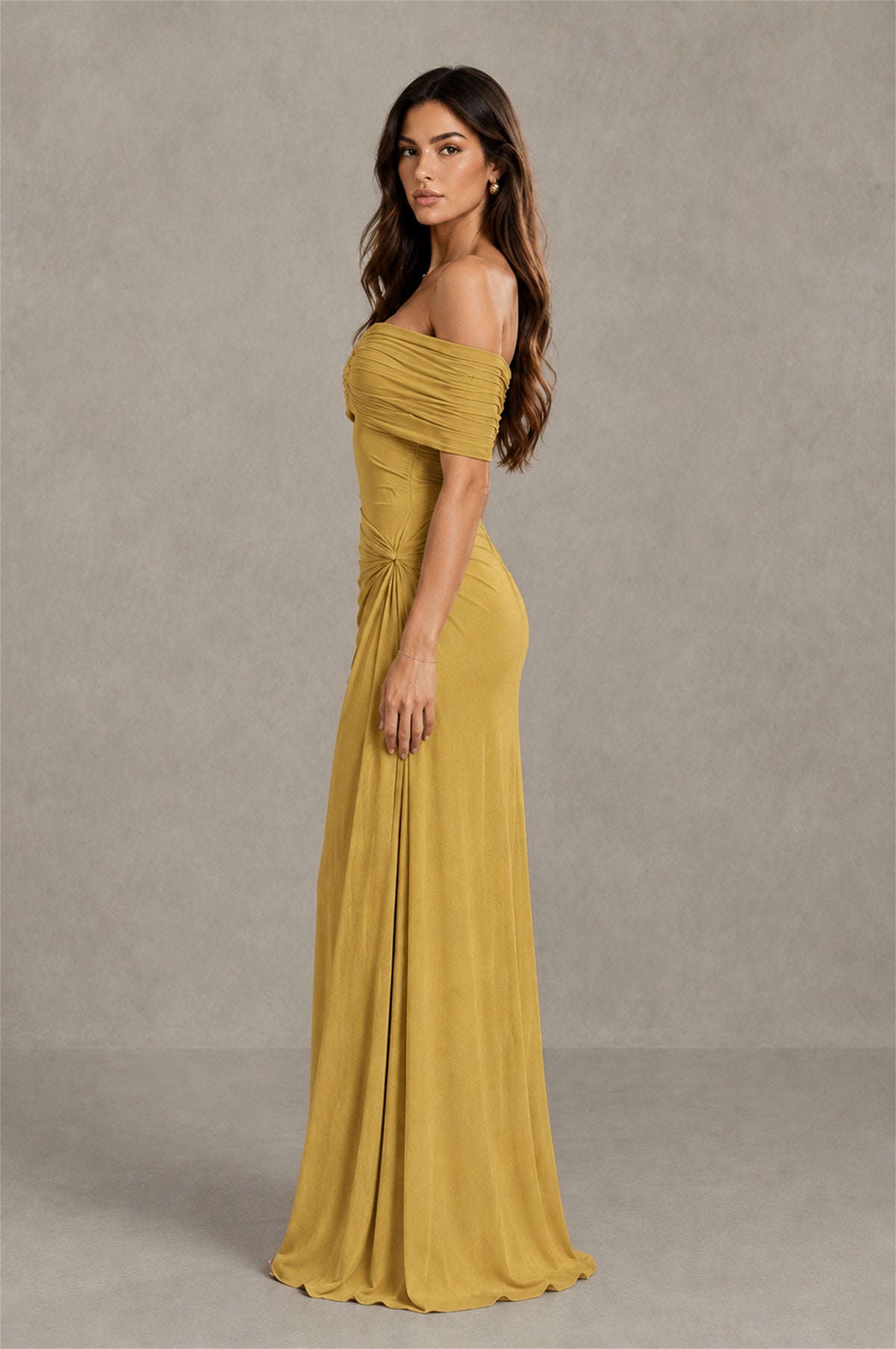 BOLODOO Gold Off-Shoulder Ruched Maxi Dress - Gold