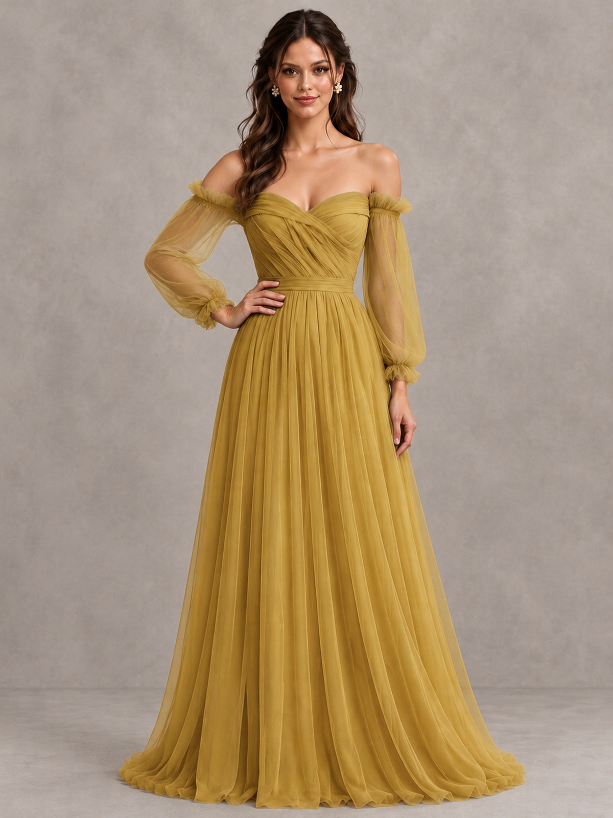 BOLODOO Gold Off-the-Shoulder Long Sleeve A-Line Bridesmaid Dress - Gold - Gold (4)