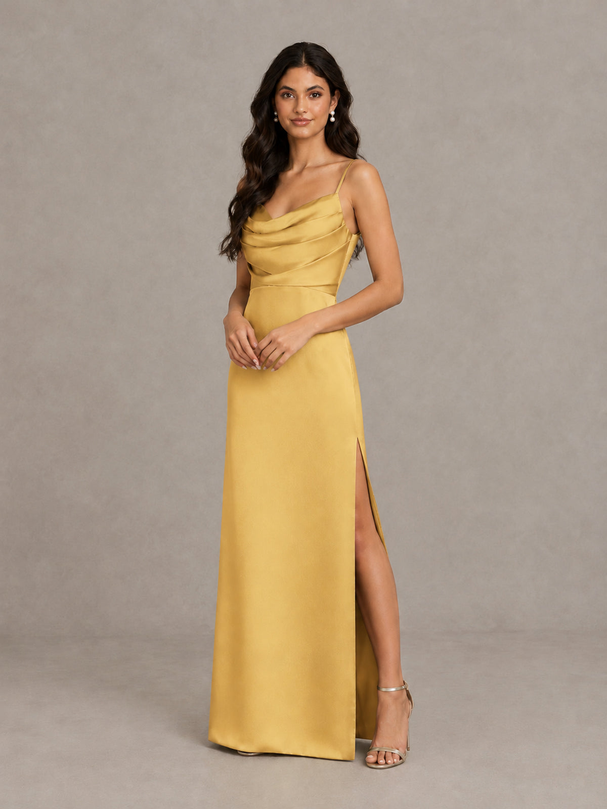 BOLODOO Gold Cowl Neck Satin Bridesmaid Dress with Slit - Gold - Gold (4)