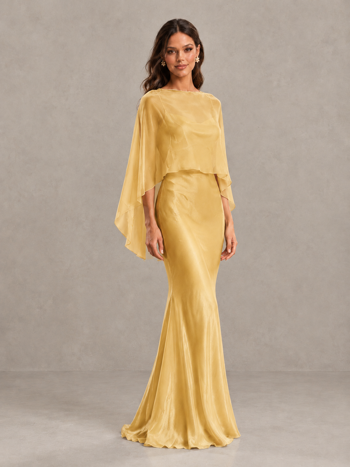 BOLODOO Gold Satin Mermaid Bridesmaid Dress with Chiffon Cape - Gold - Gold (4)