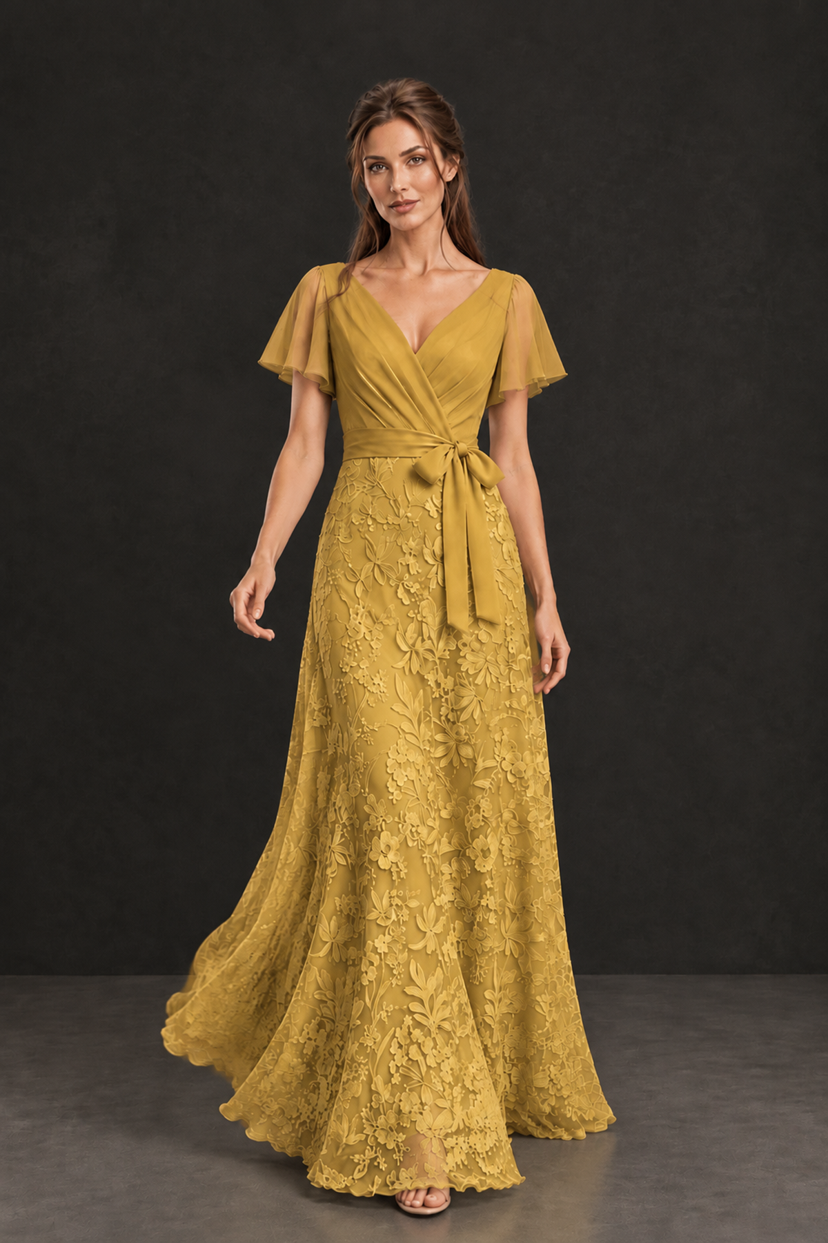 BOLODOO Gold Flutter Sleeve Lace Mother of the Bride Dress - Gold