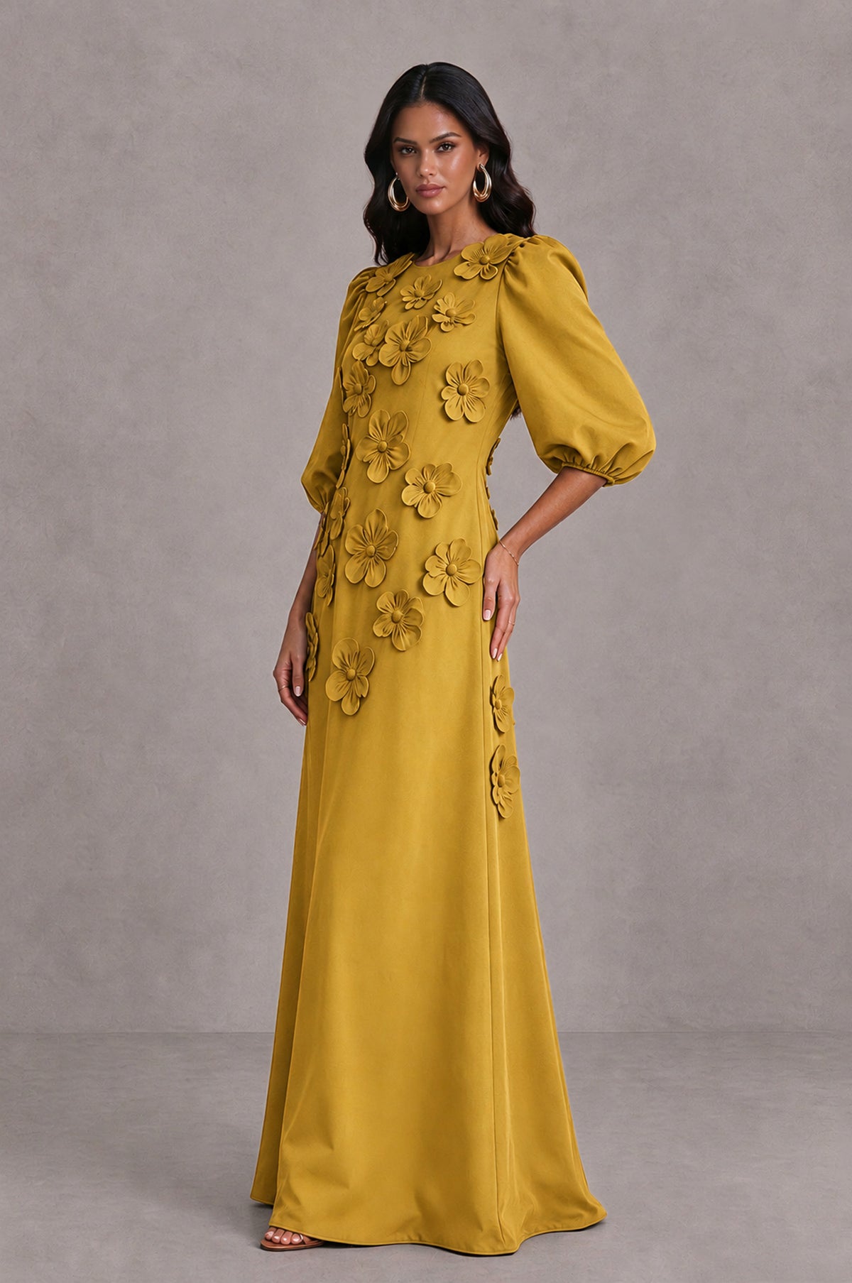BOLODOO Gold Floral Applique Puff Sleeve A-Line Evening Dress - Gold - Gold (4)