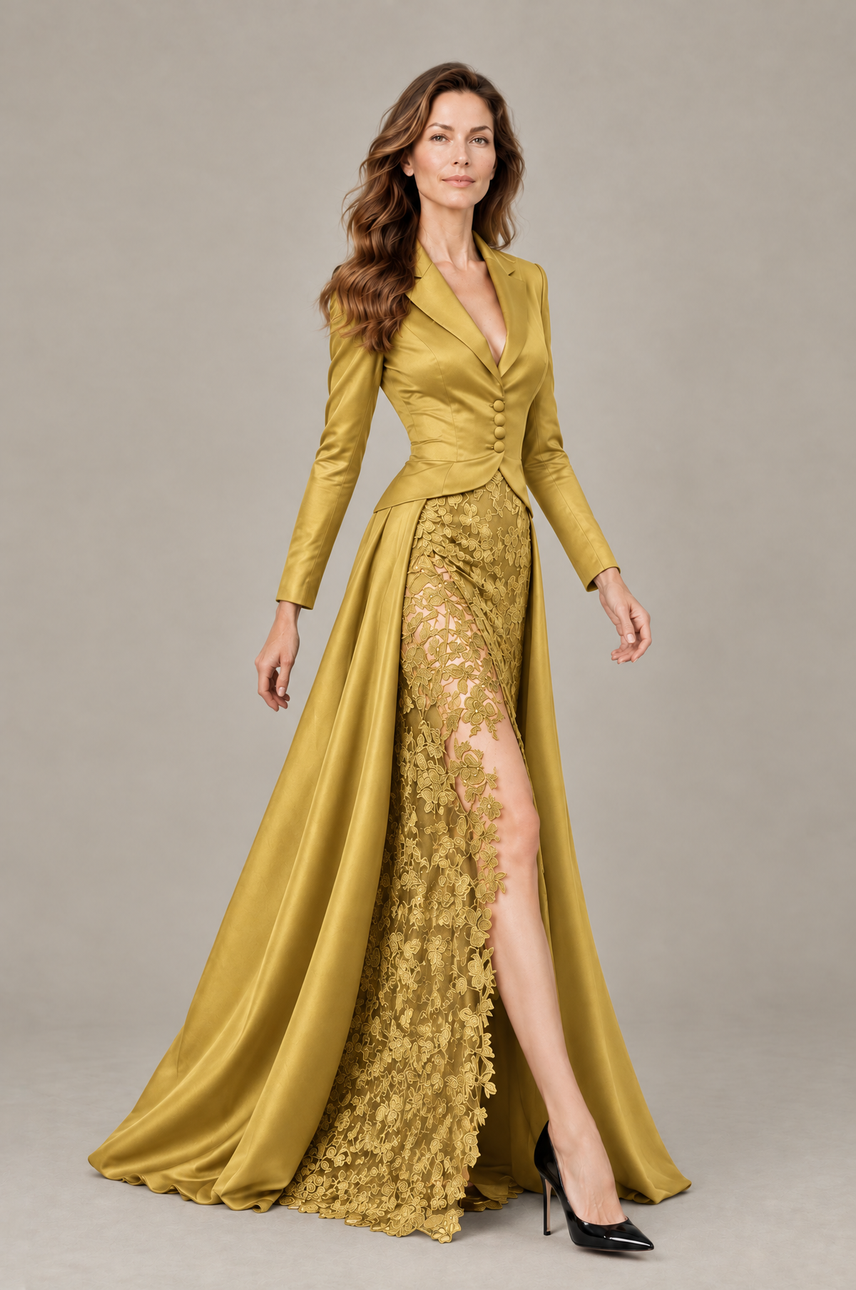 BOLODOO Gold Long Sleeve Lace Blazer Gown with High Slit - Gold - Gold (4)