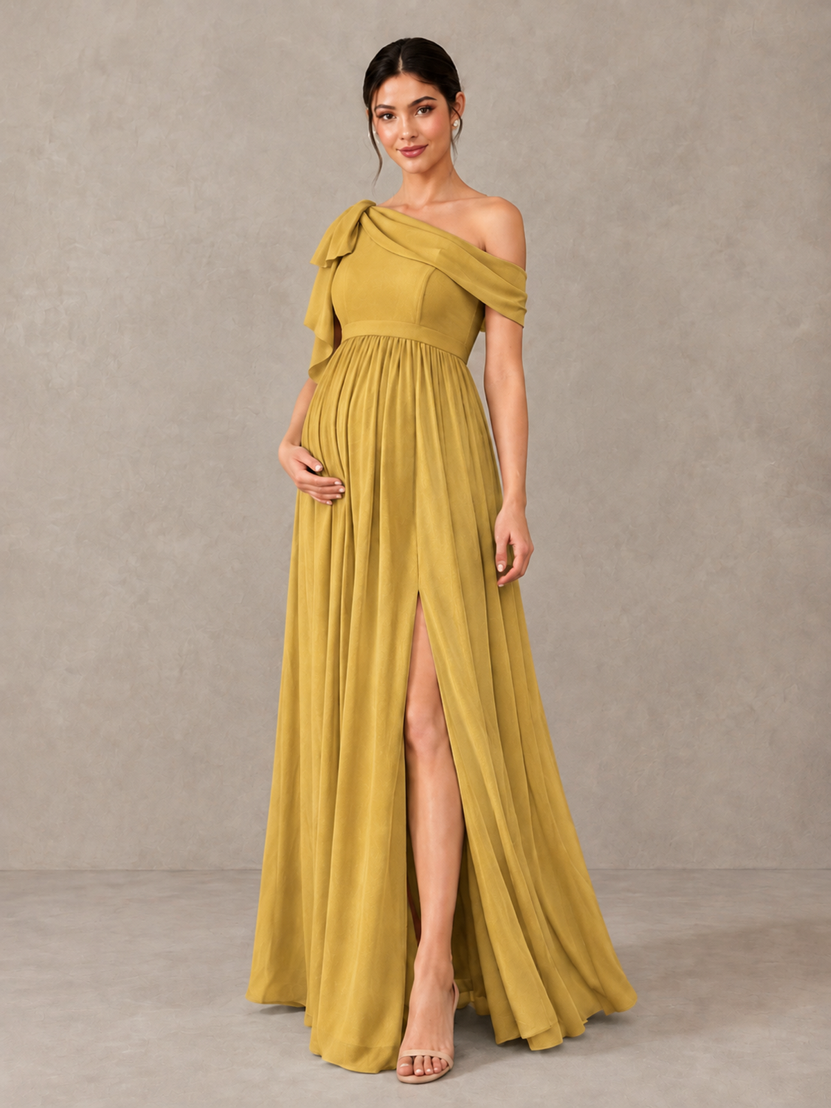 BOLODOO Gold One-Shoulder Maternity Bridesmaid Dress with Slit - Gold - Gold (4)