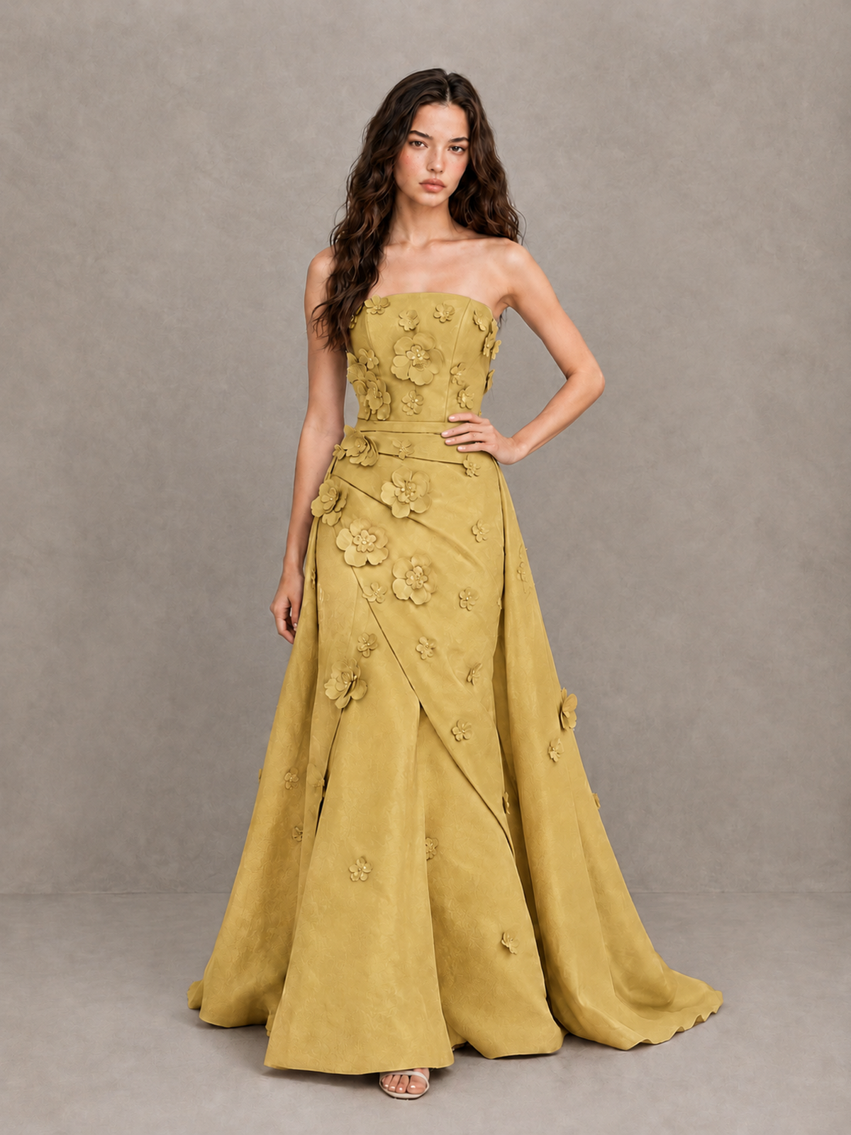 BOLODOO Gold Strapless 3D Floral Applique Prom Gown with Draped Skirt - Gold - Gold (4)