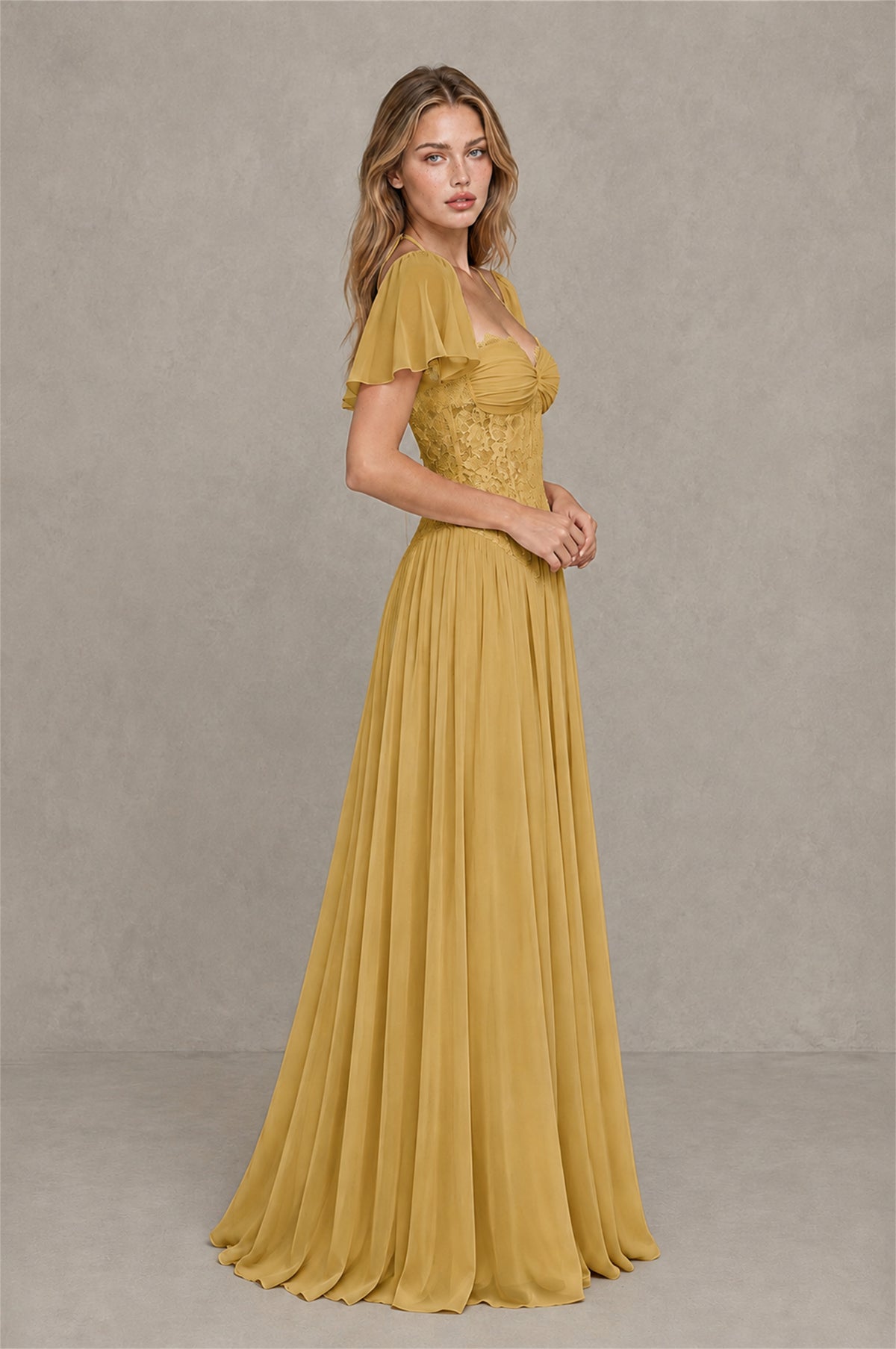 BOLODOO Gold Flutter Sleeve Lace Corset A-Line Maxi Dress - Gold - Gold (4)