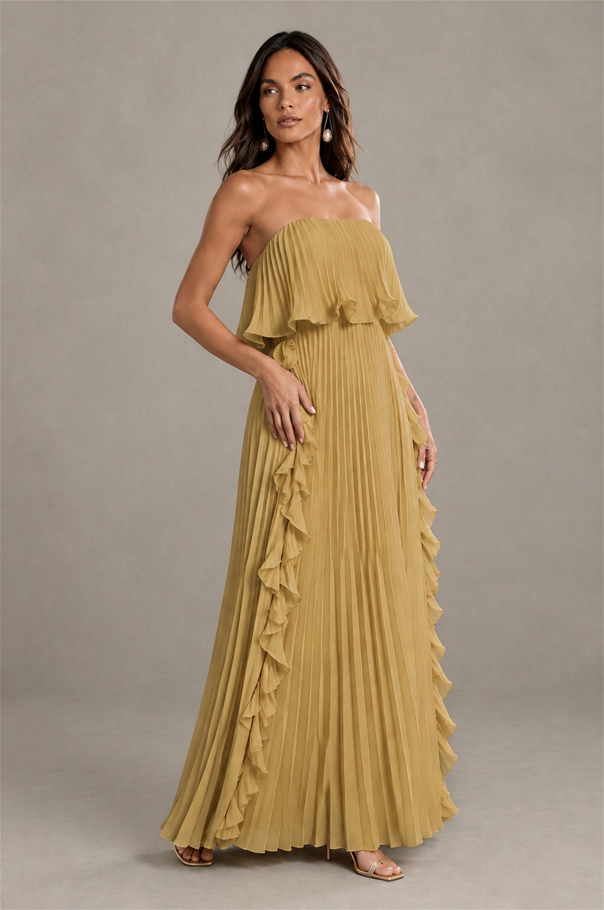 BOLODOO Gold Strapless Ruffle Bodice Dual Cascading Ruffle Accordion Pleated Chiffon Maxi Dress - Gold