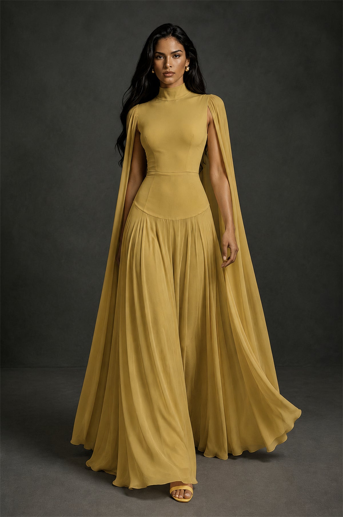 BOLODOO Gold Mock Neck Cape Sleeve A-Line Chiffon Maxi Dress - Gold - Gold (4)