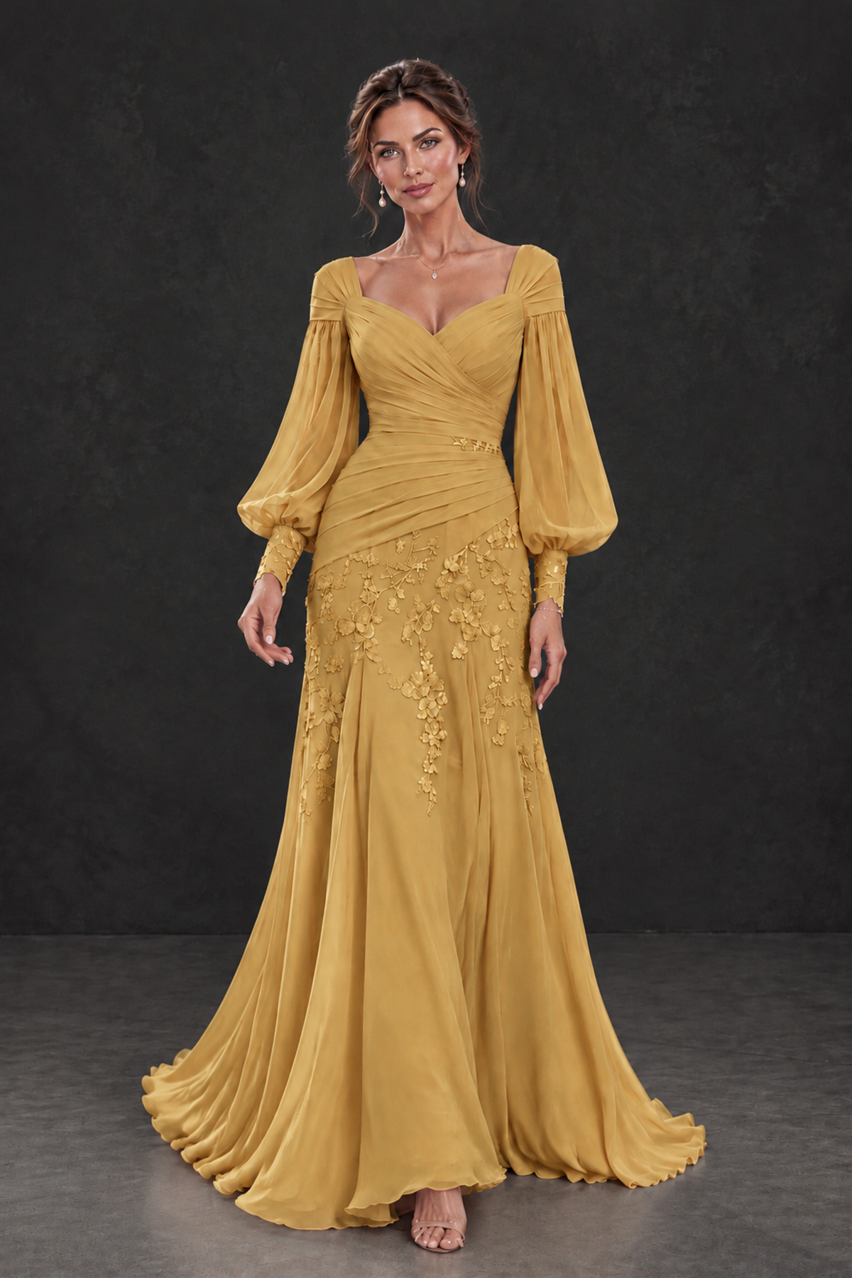 BOLODOO Gold Long Sleeve Mother of the Bride Dress with Floral Appliqués - Gold - Gold (4)