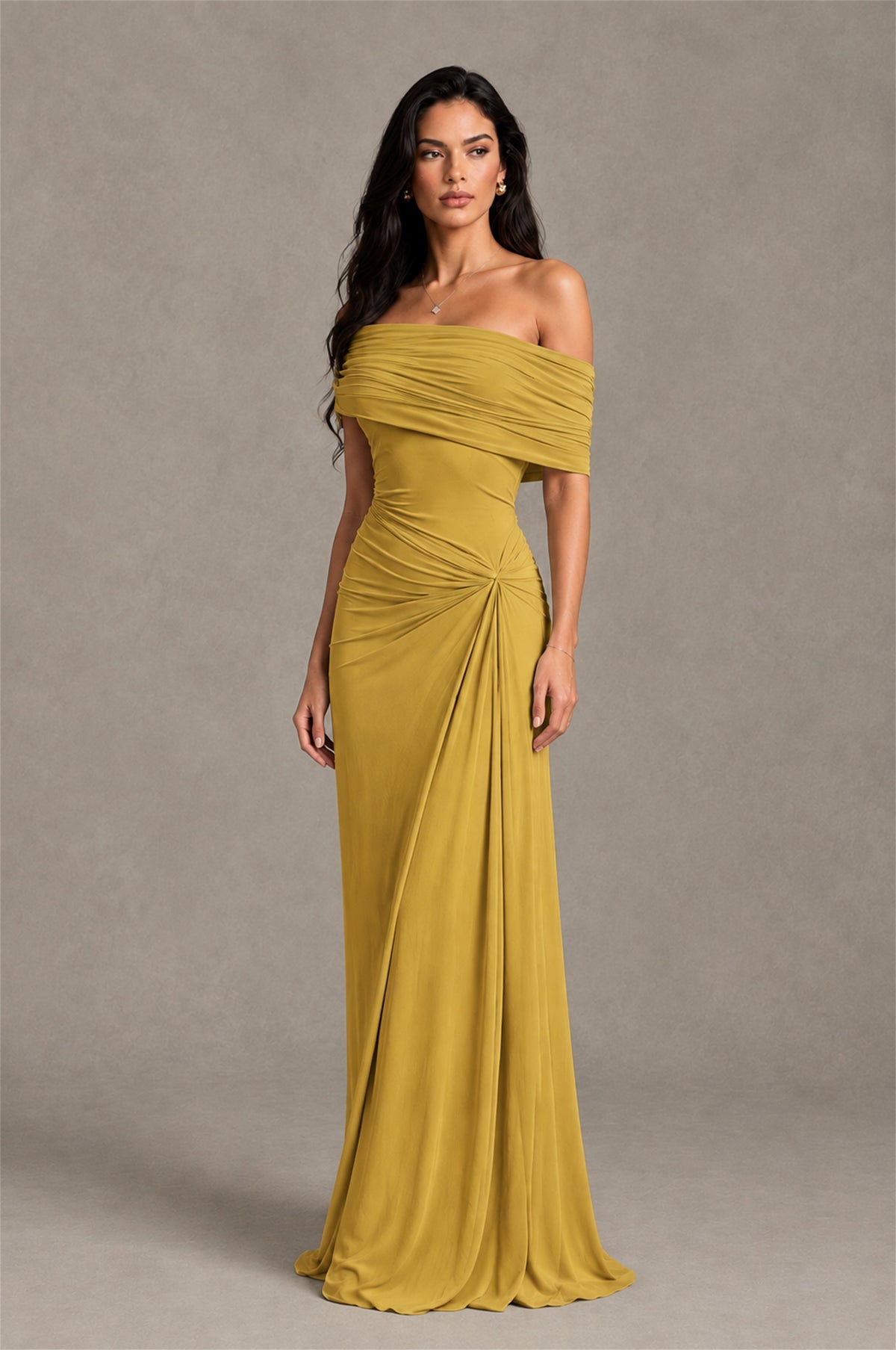 BOLODOO Gold Off-Shoulder Ruched Maxi Dress - Gold