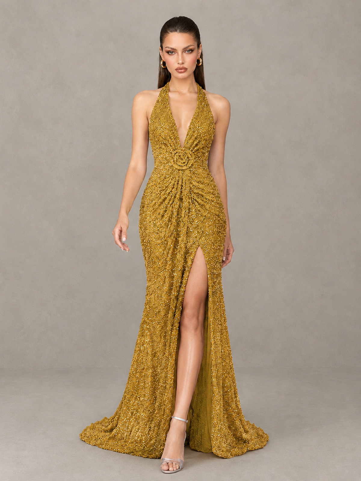 BOLODOO Gold Sequin Halter Open Back Evening Gown with High Slit - Gold - Gold (4)