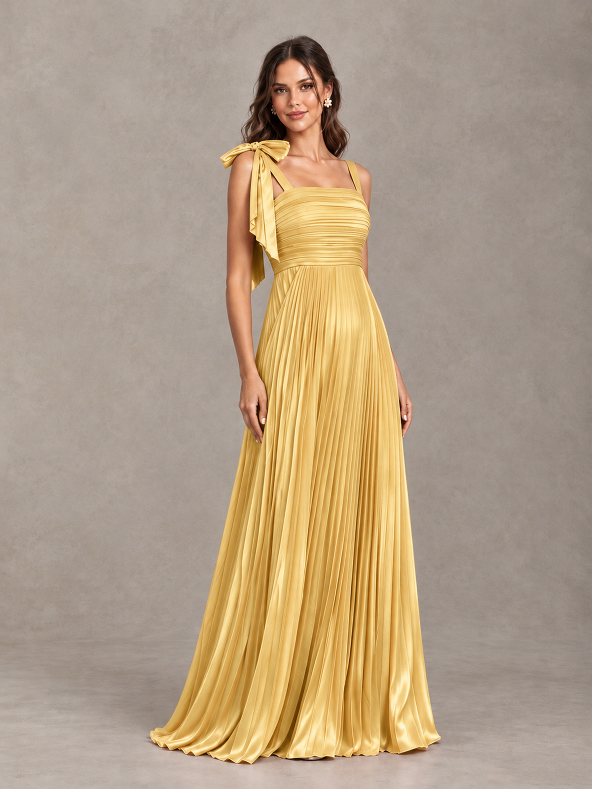 BOLODOO Gold Pleated Bow-Strap Bridesmaid Maxi Dress - Gold - Gold (4)