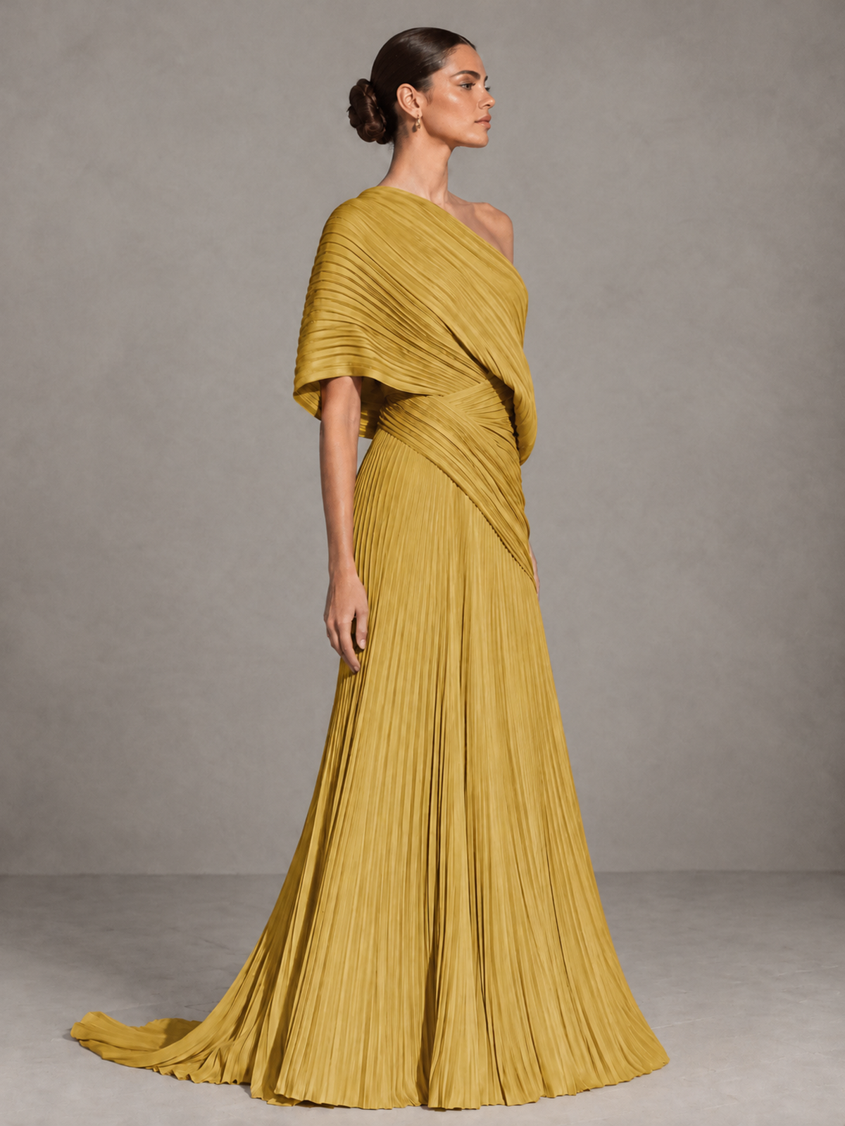 BOLODOO Gold One-Shoulder Pleated Cape Evening Gown with Train - Gold - Gold (4)