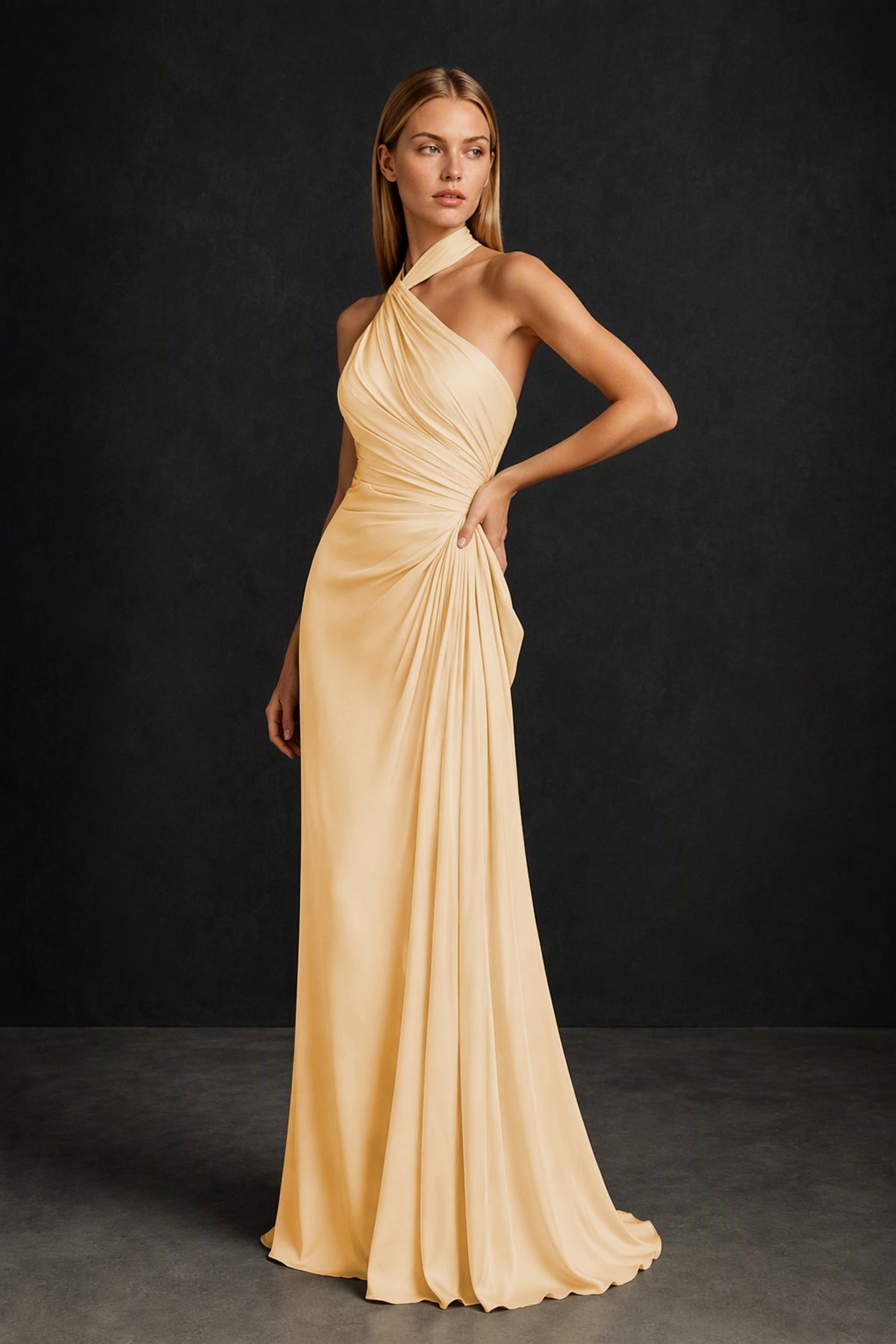 BOLODOO Gold Twisted Halter Neck Ruched Sleeveless Open Back Floor-Length Gown - Gold