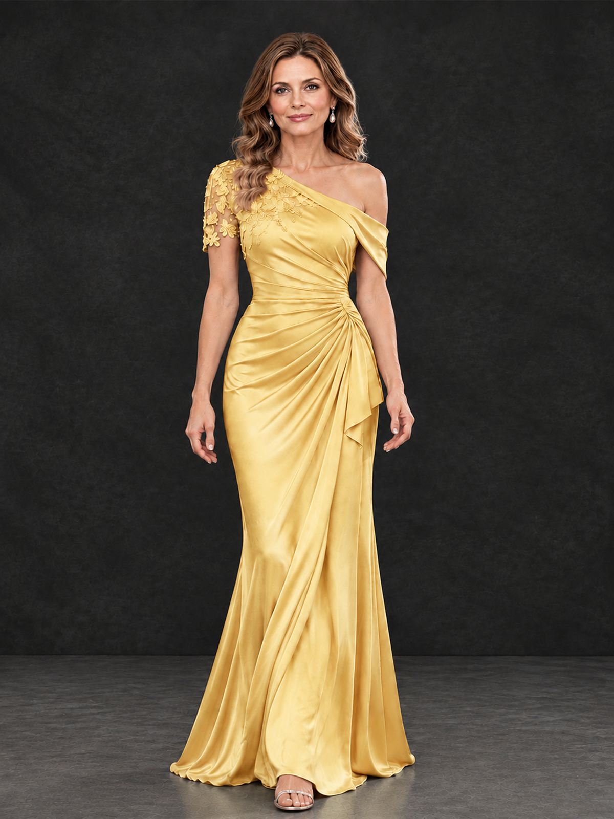 BOLODOO Gold Asymmetric Satin Mother of the Bride Dress with Lace Sleeve - Gold - Gold (4)
