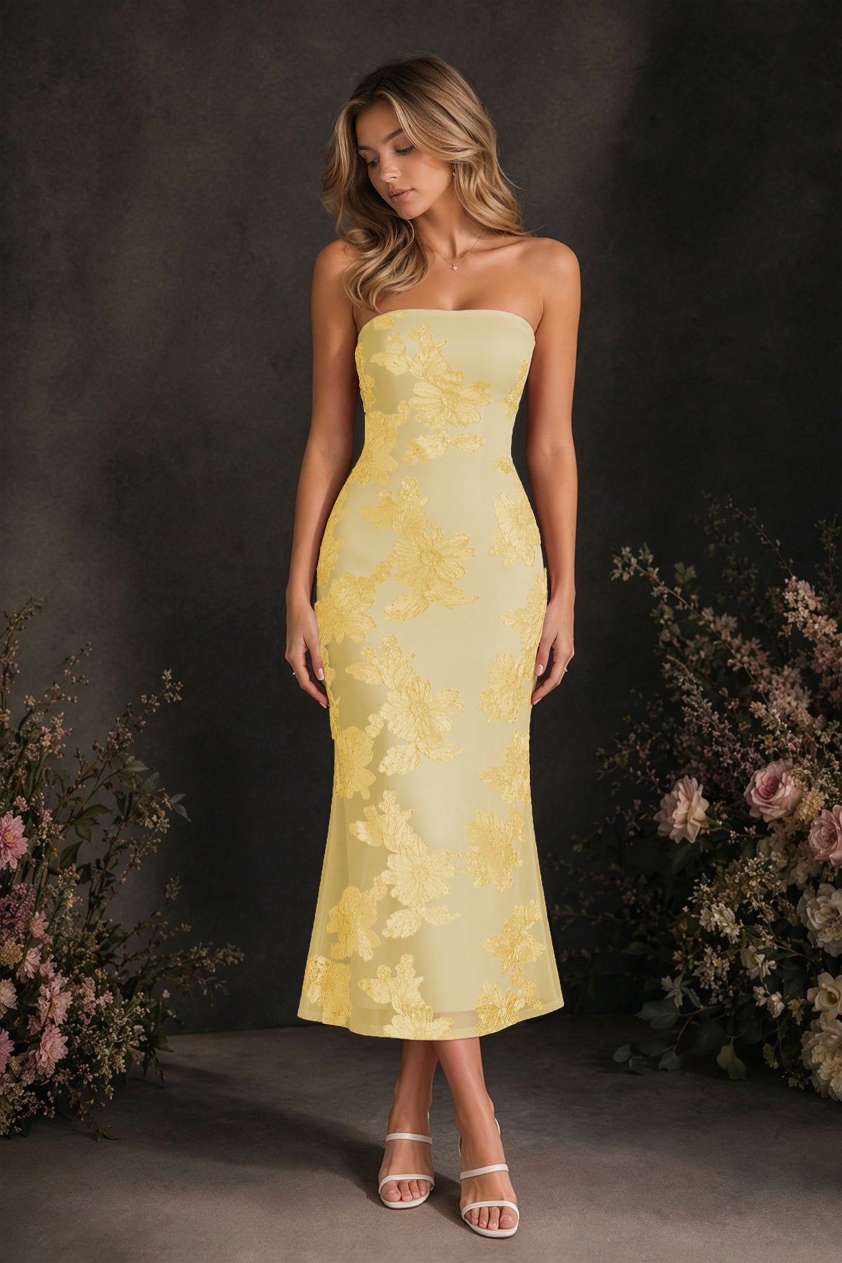 BOLODOO Gold Tonal Floral Embroidered Mesh Strapless Open Back Bodycon Midi Tea Length Dress - Gold
