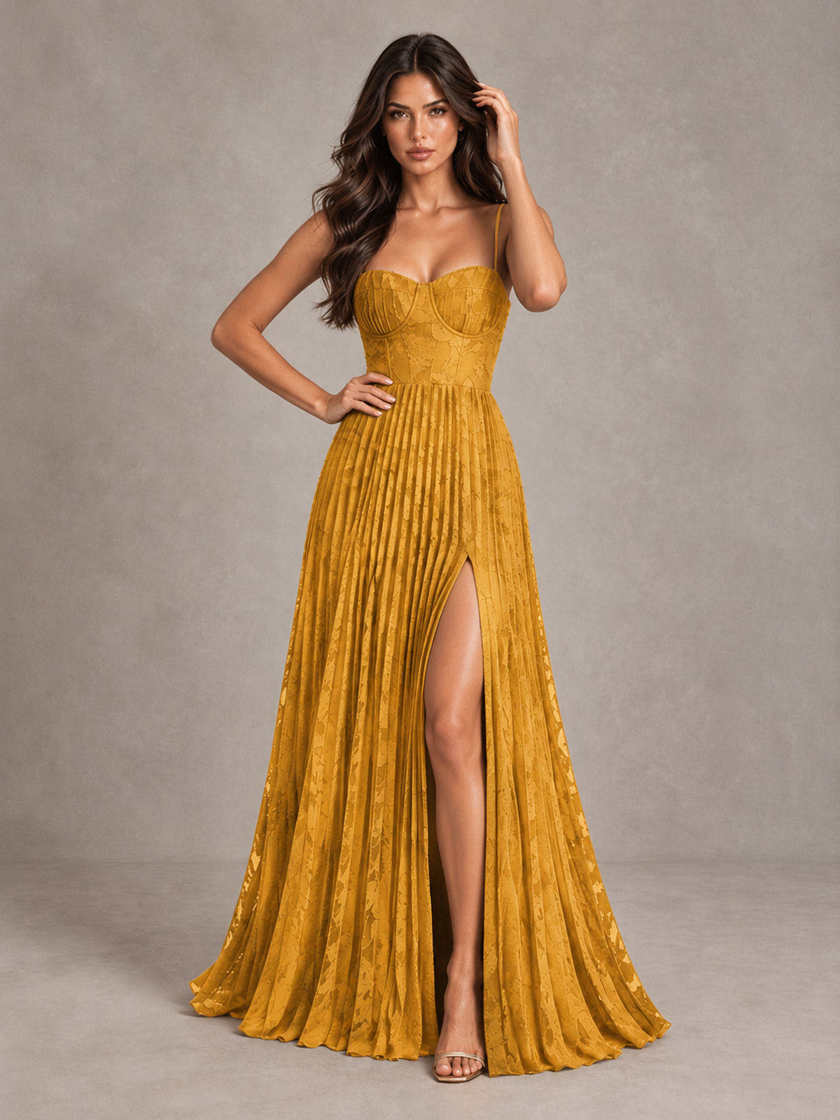 BOLODOO Gold Pleated Bridesmaid Dress with Sweetheart Neckline & Slit - Gold - Gold (4)